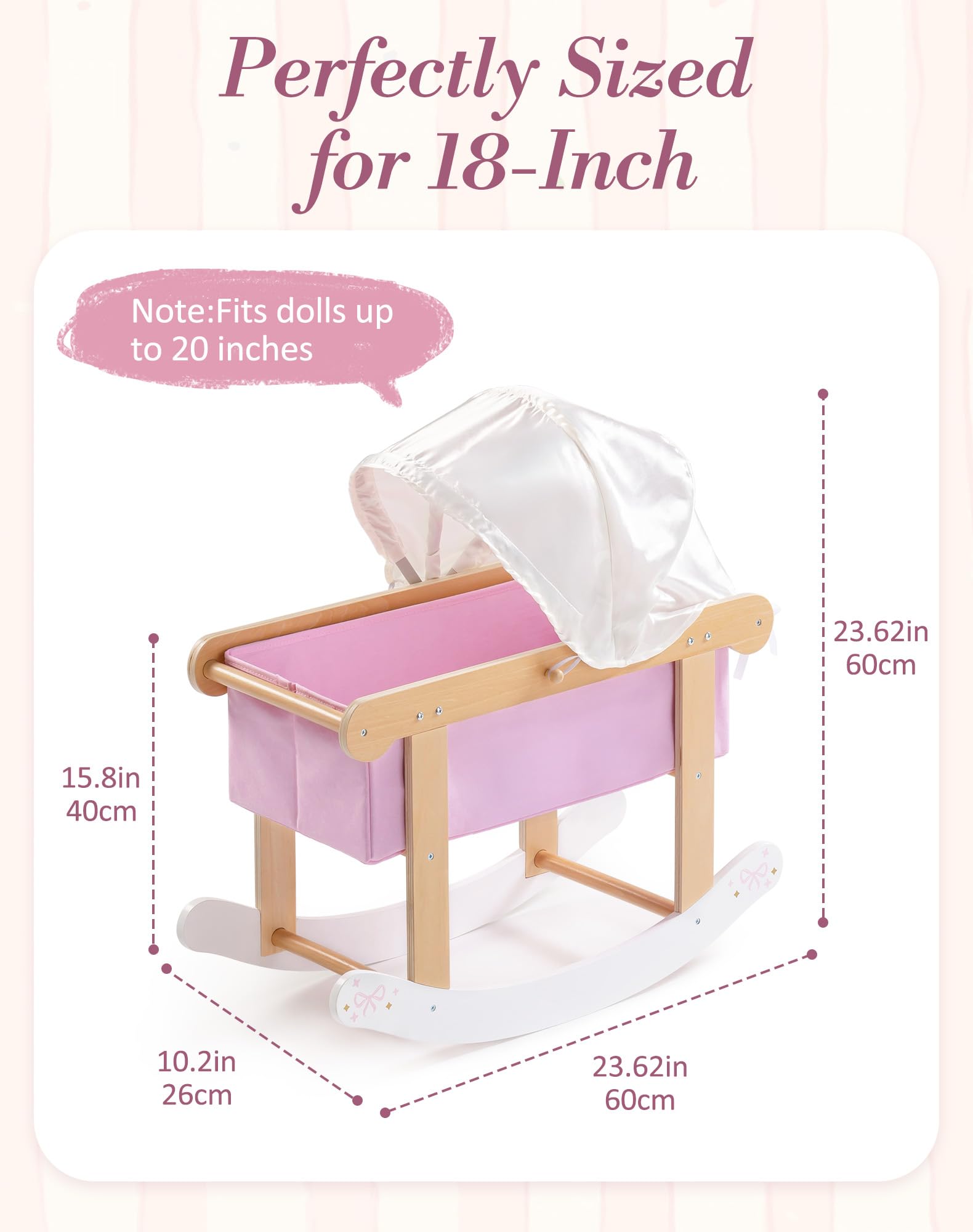 ROBOTIME Cuna de madera para muñecas de 18 pulgadas, color rosa
