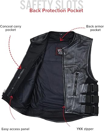 First Mfg Co - Commando - Men's Swat Style Leather Motorcycle Vest For Men with Adjustable Side Panels, Zipper Front Vest