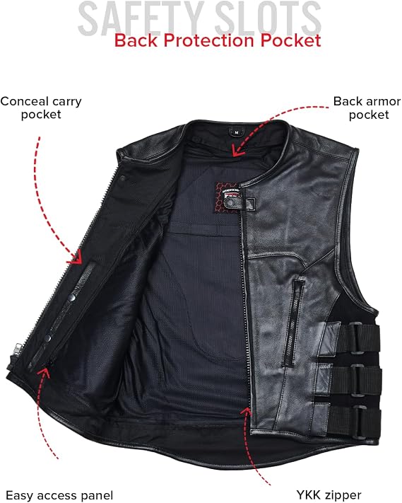 First Mfg Co - Commando - Men's Swat Style Leather Motorcycle Vest For Men with Adjustable Side Panels, Zipper Front Vest