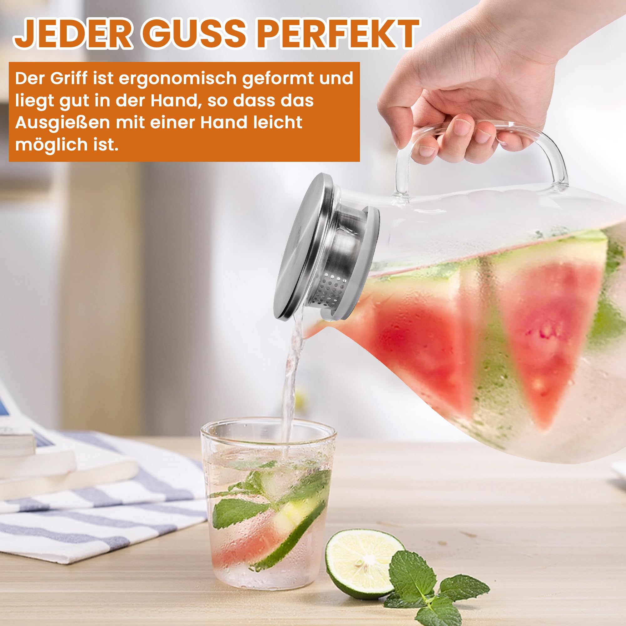 SUSTEAS 3.0 Liter 101 Unzen Wasserkaraffe, Glaskaraffe mit Deckel und Breitem Griff, Leicht zu Reinigender Glaskaraffe für den Kühlschrank, Wasserkrug für Eistee/Milch/Kaffee/Wein, Karaffen Mit Bürste