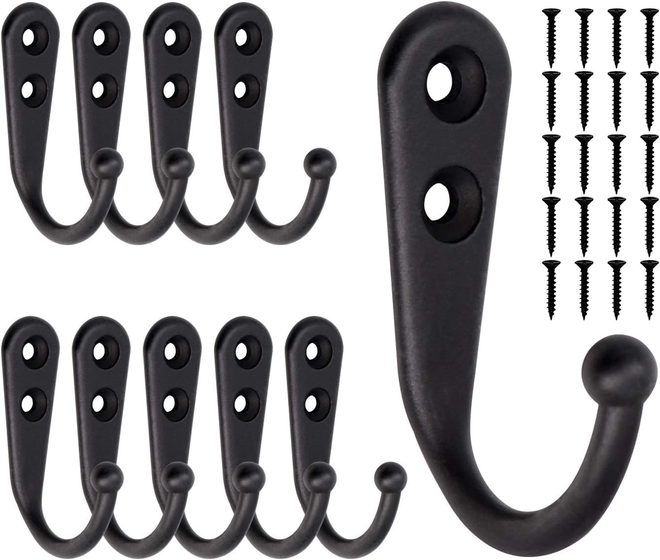 10 Pieces Wall Mounted Coat Hooks Robe Hooks Cloth Hanger Coat Hanger Rustic Hooks for Bath Kitchen Garage Single Coat Hanger with 20 Pieces Screws (Black Color)