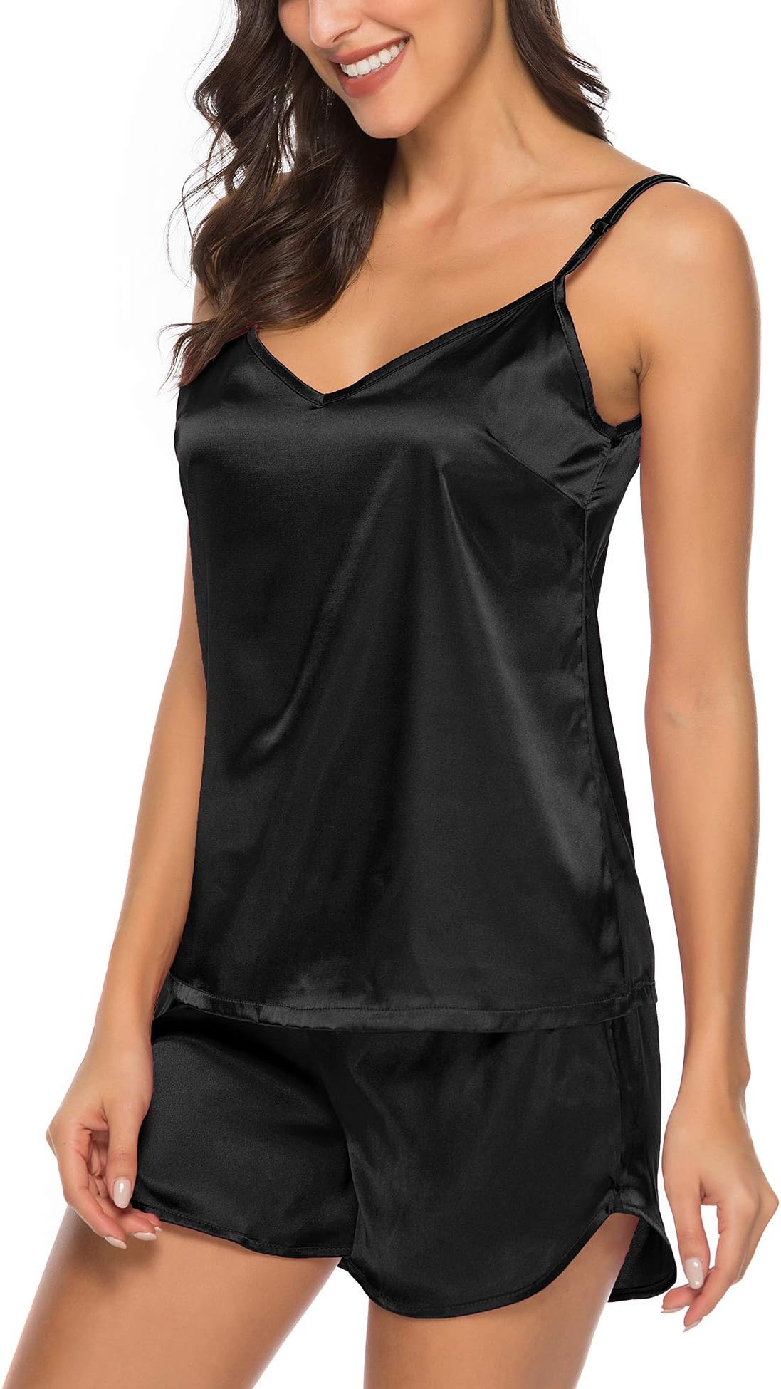 AIRPJ Womens Pajama Shorts Satin Silk Sleepwear Lingerie Sexy Soft Pj Set Black