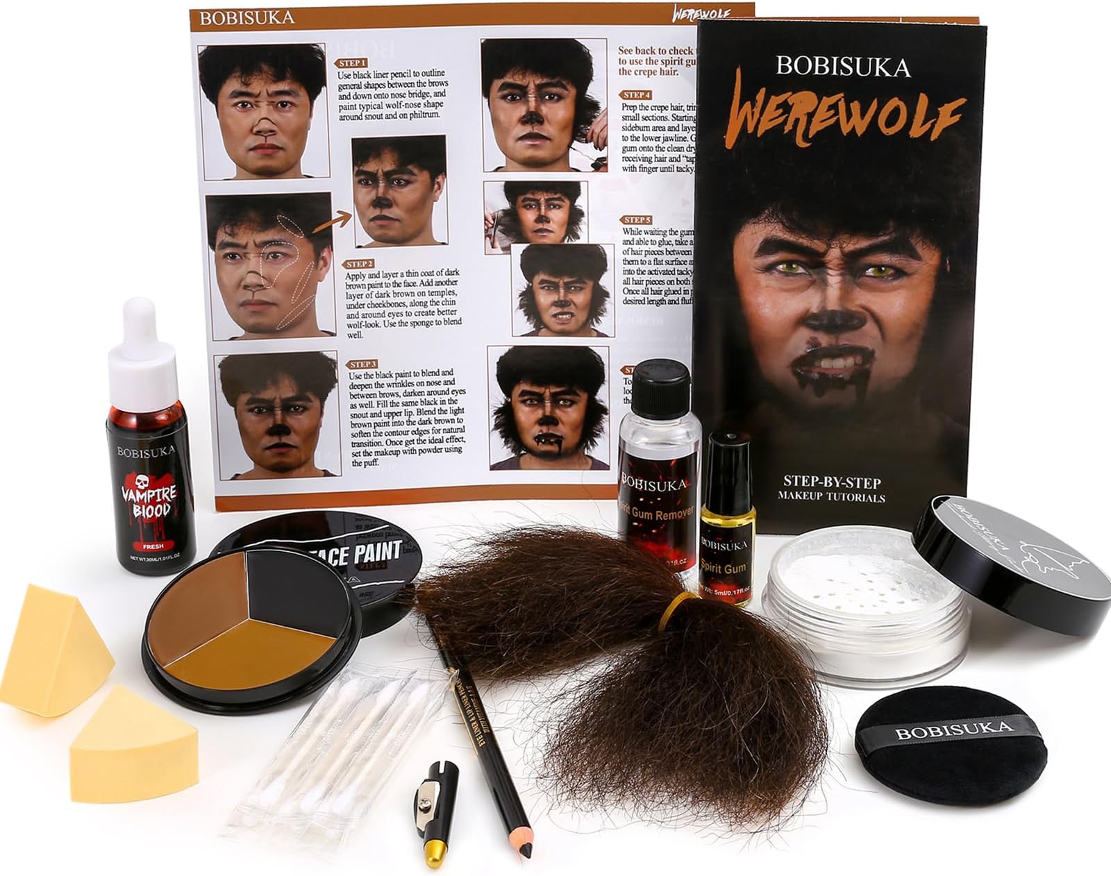 Halloween Werewolf Makeup Kit, Wolf-man SFX Make Up Kits Character Set with Face Paint, Crepe Hair & Fake Blood for Special Effects Costume Makeup, Theater, Cosplay & Party