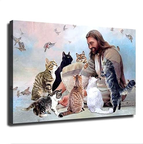 Póster de Jesús Cristiano Dios rodeado de gatos, ángeles para personas que aman a los gatos, lienzo estético, arte de pared, sala de estar,