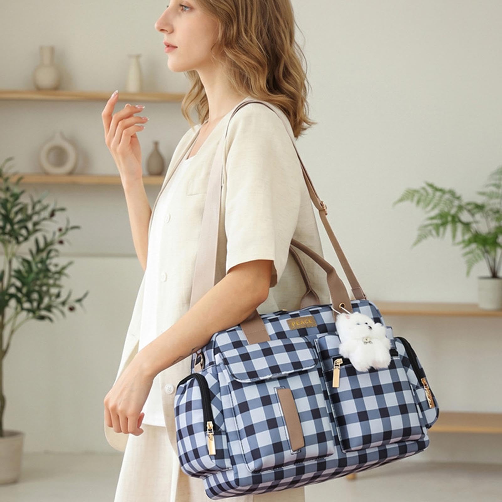 Torba Tote na Pieluchy Z Rączką Mała Stylowa Kraciasta Saszetka Ramienna