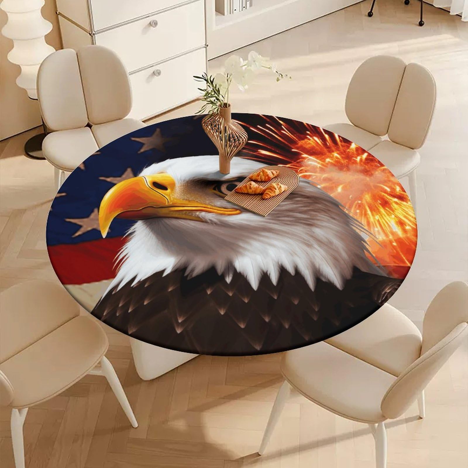 Runde Tischdecke Mit Amerikanischem Sternenmuster – Elastisch, Wasserdicht (Größe M, ~138 Cm)