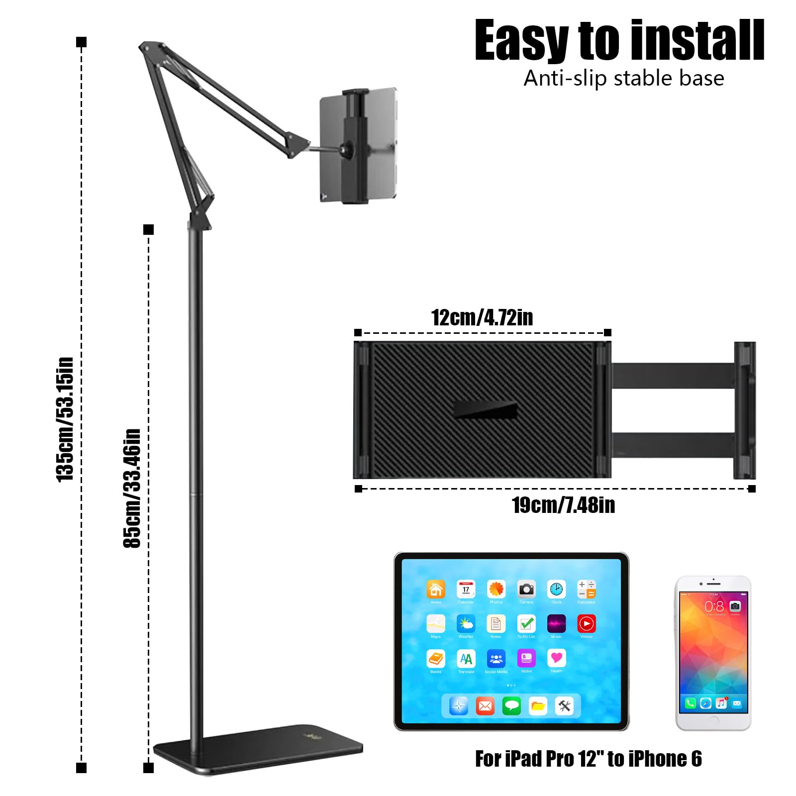 Support Tablette Lit, Support de Tablette Réglable Universel Rotatif à 360 Degrés en Métal, Supports pour Tactile, Tablet Stand avec Bras Stable pour Appareils de 4,7 à 12,9 Pouces