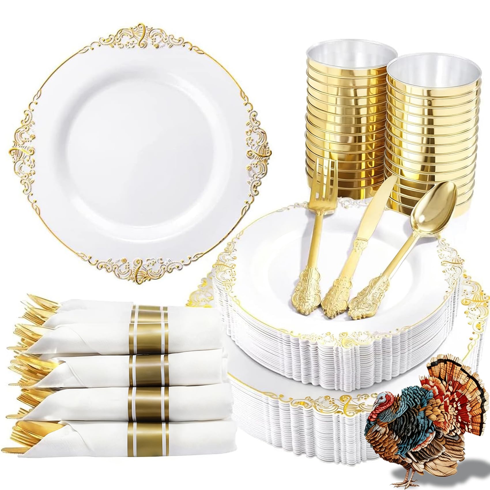 Nervure 350PCS Gold Plastic Plates - Gold Plastic Dinnerware Sets for 50 Guests - 100 Disposable Plates, 150 Silverware, 50 Cups, 50 Napkins for Wedding & Party & Thanksgiving