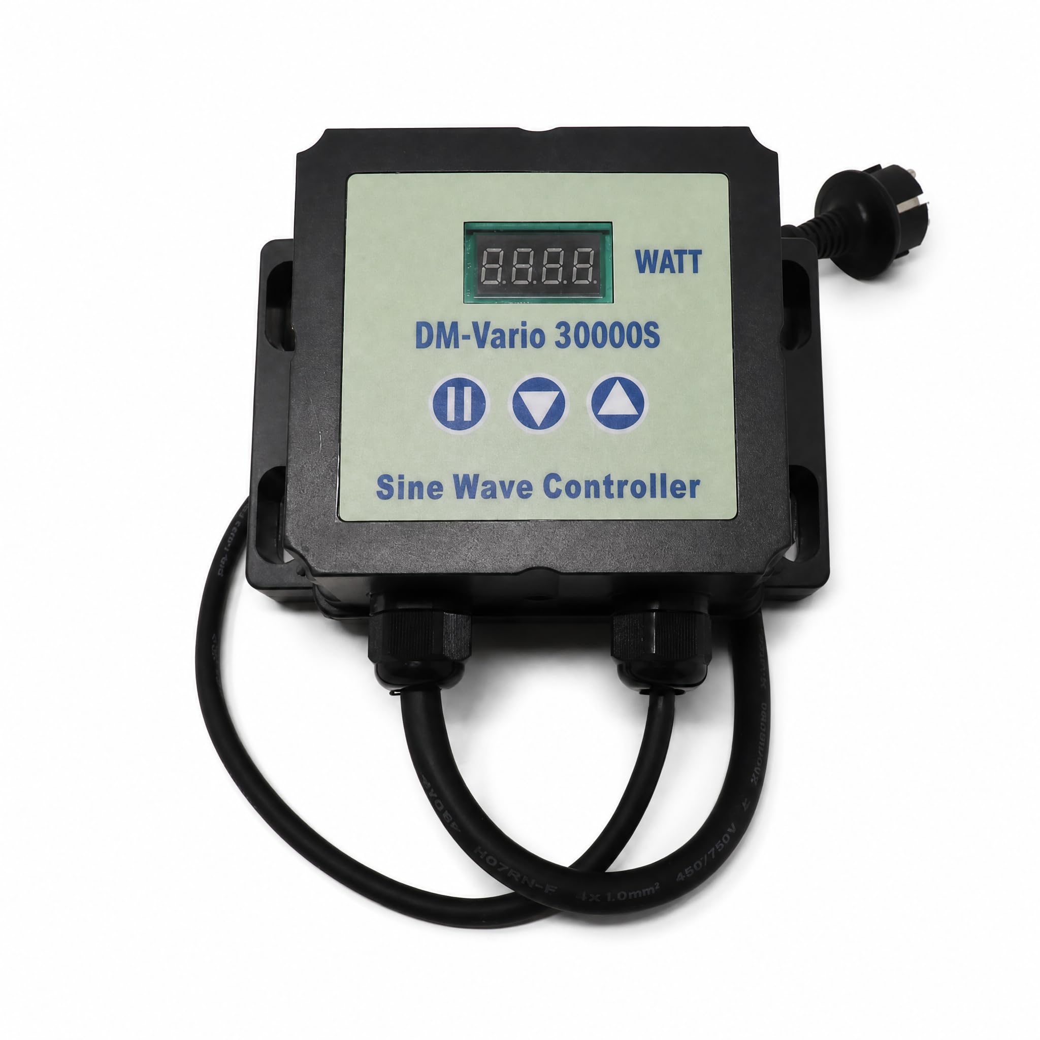Pumpensteuerung kompatibel mit AquaForte DM‑Vario 30.000S, Sine‑Wave‑Controller mit WATT‑Anzeige, 3‑Tasten‑Bedienung, robustes Gehäuse mit Kühlrippen, Schuko‑Netzstecker & 4‑poliger Rundstecker