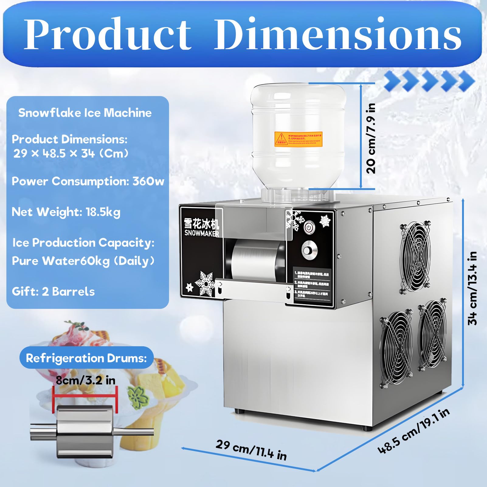 Máquina comercial de hielo raspado, máquina de hielo en escamas, 369 lb/día, raspador de hielo automático, acero inoxidable 750 W, para bares de aperitivos, heladerías y tiendas de postres. 60KG