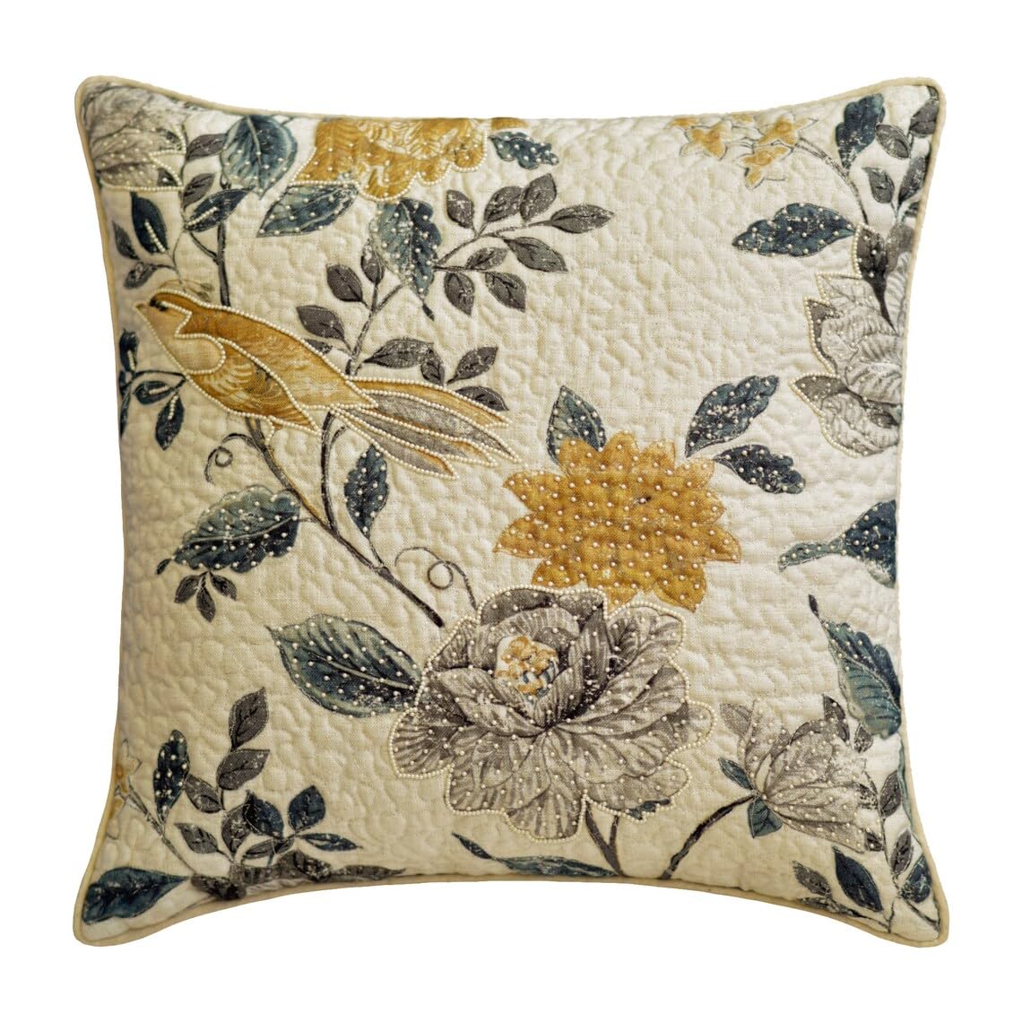 The HomeCentric Decorative Beige, Grey & Mustard 60x60 cm (24"x24") Cushion Cases, Linen Shabby Chic, Quilted & Pearl Cushion Cases, Birds Pattern Contemporary Style - Shabby Chic Love โ image 1