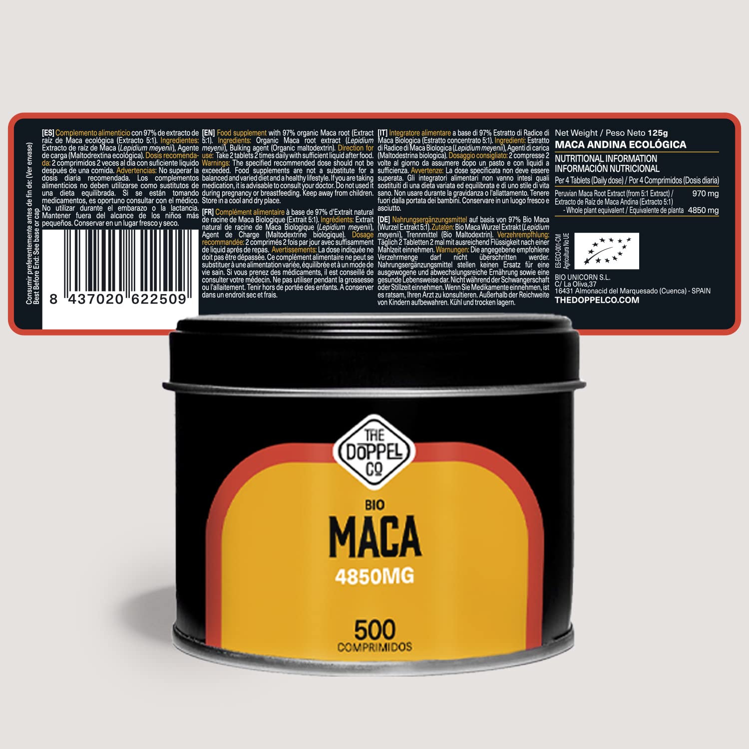 Maca Bio du Pérou 4850mg - 500 Comprimés - Extrait 5:1 - Cure de 4 mois - Maca Péruvienne Pura - Énergie et Vitalité - Sans Plastique - Certifié Bio