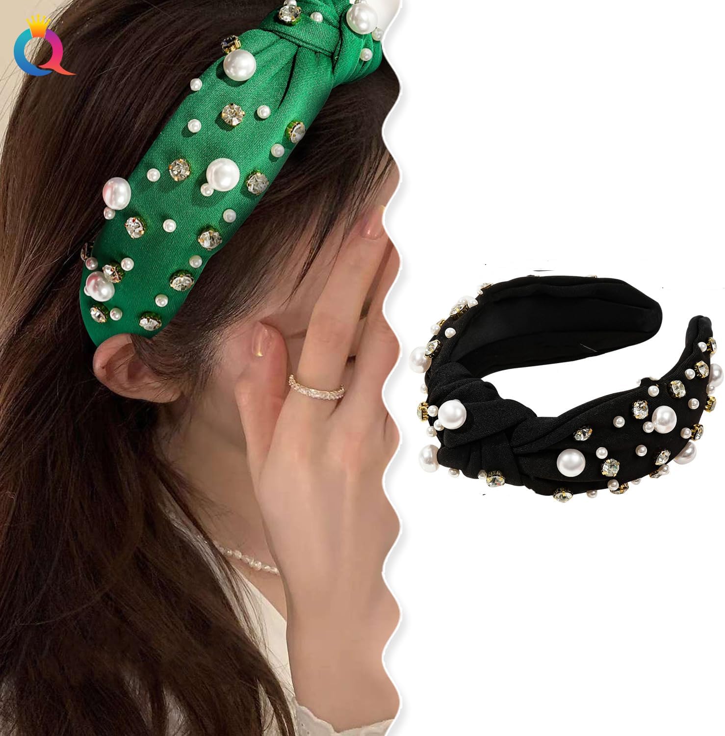 女性用ノットパールヘッドバンド、ホワイトパールラインストーンクリスタルジュエル装飾ヘアバンド、ファッションエレガントレディースワイド