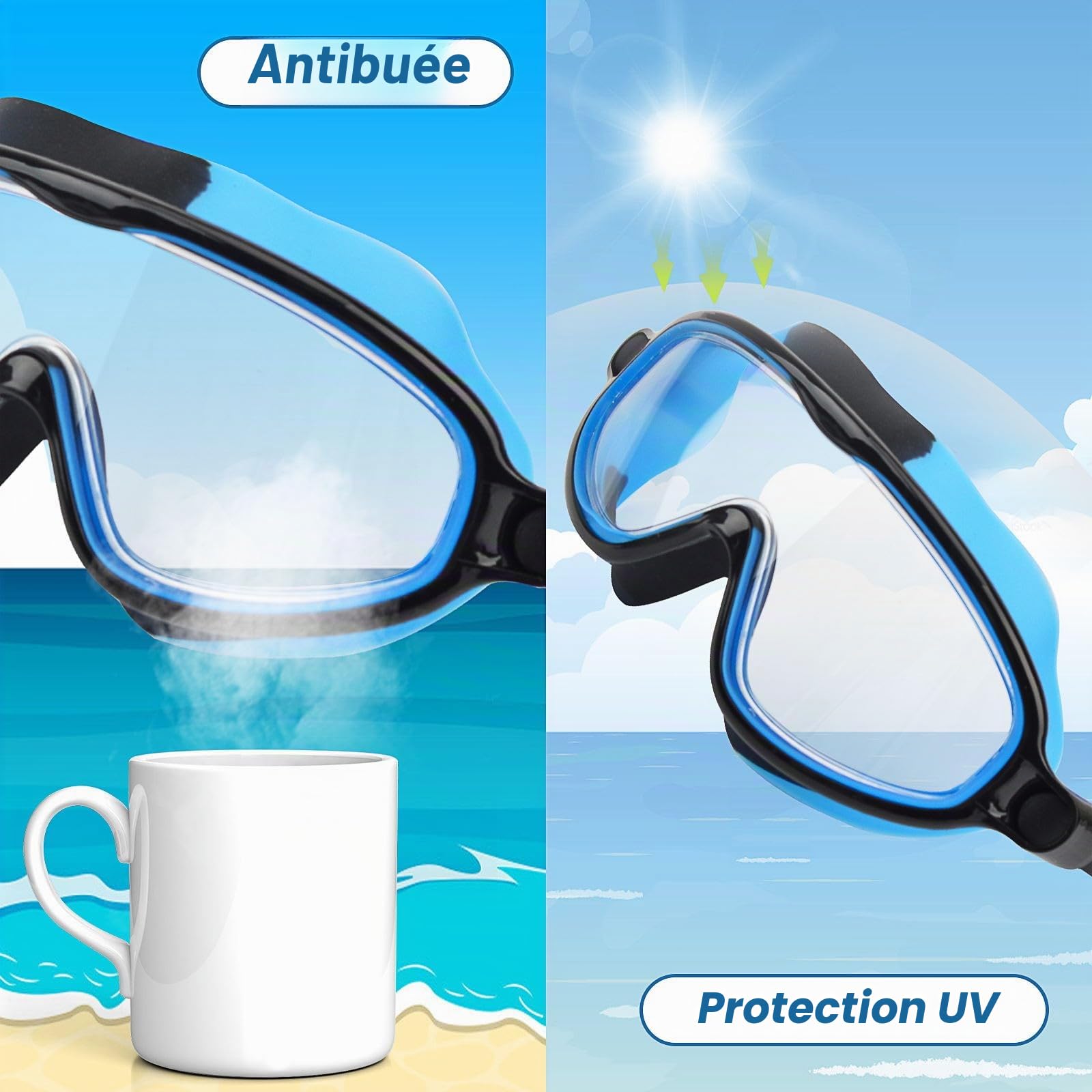 Moseem Lot de 2 paires de lunettes de natation pour enfants et adolescents de 3 à 15 ans, anti-buée, anti-UV, large vision, imperméables