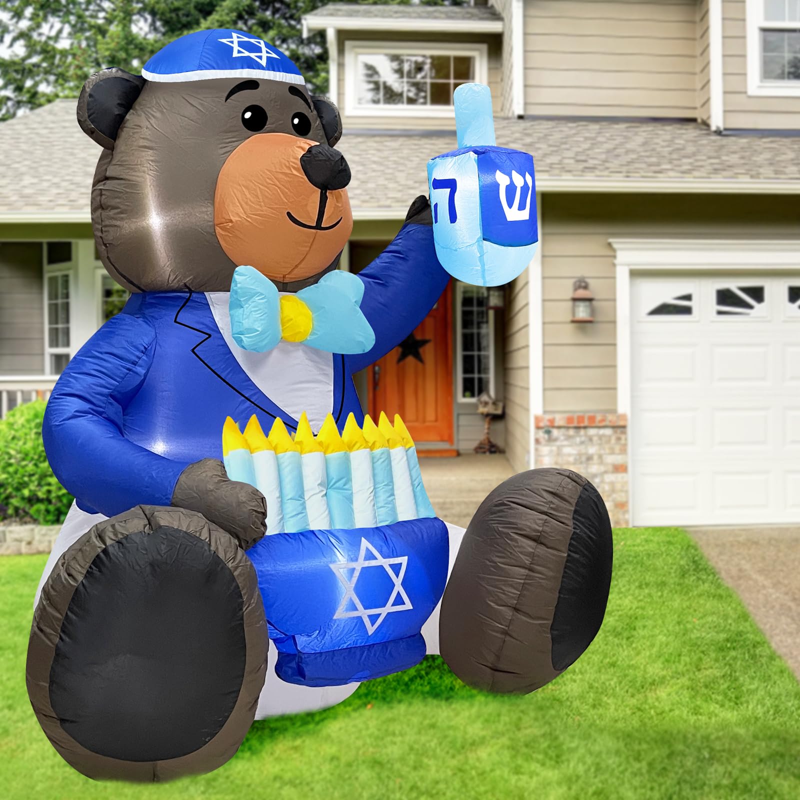 TURNMEON 6 Ft Height Hanukkah Inflatables Decorations Bear Holding a Dreidel and Menorah with Built-in LED Lights Blow up Inflatables Chanukah Decorations Outdoor Yard Garden Lawn Home Holiday Party