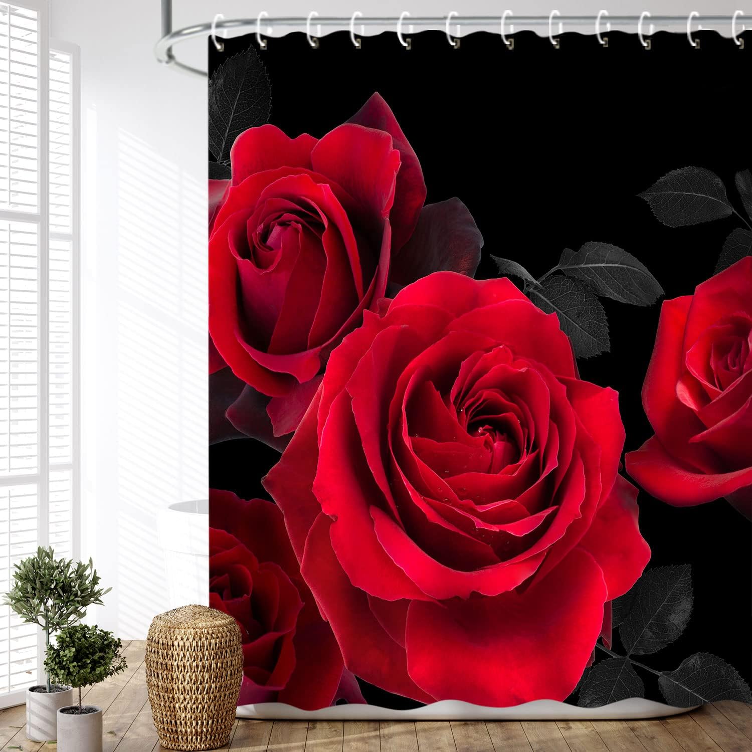 LIVILAN Red Shower Curtain for Bathroom Rose Shower Curtain Black and Red Shower Curtains Red Rose Shower Curtain with Hooks Black Floral Flower Decorative Pretty Valentine Gift, 72" W x 84" H