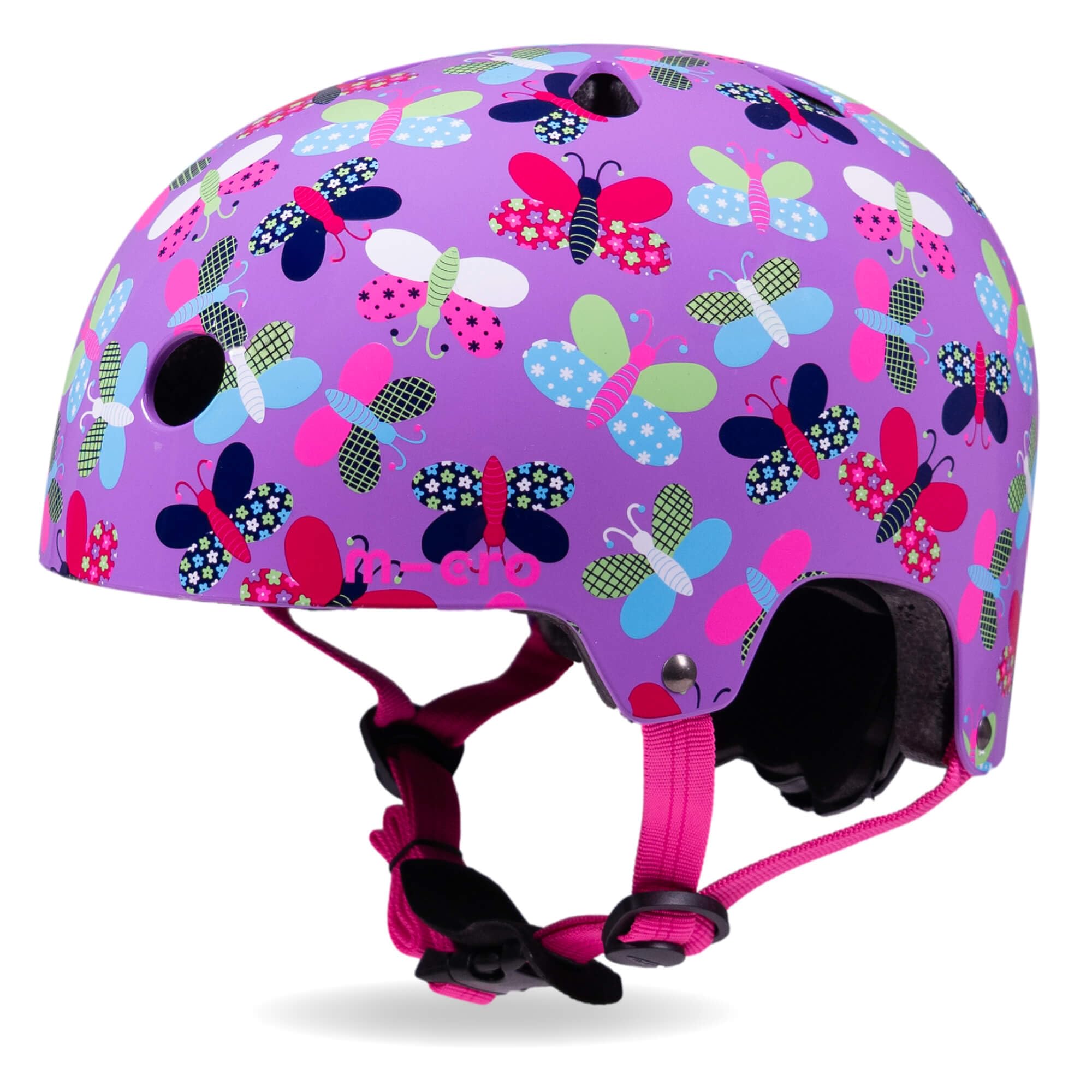 Micro Scooter | Bike/Scooter Printed Deluxe Kids Helmet | Kids Bike Accessories | LED Rear Light | Protective Chin Strap | Inner Padding | Adjustable Strap & Sizing Wheel | Small (48-54cm) | Butterfly