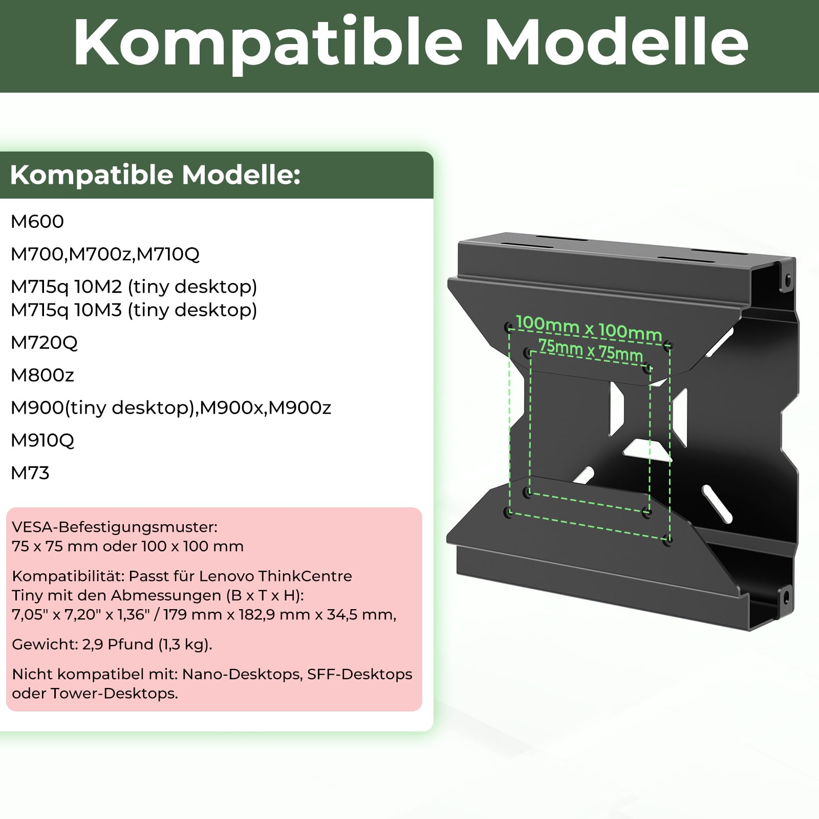 Support PC mural VESA Lenovo ThinkCentre M600 M700 M710Q M715q M720Q M73 M800z M900 M910Q 75x75 100x100