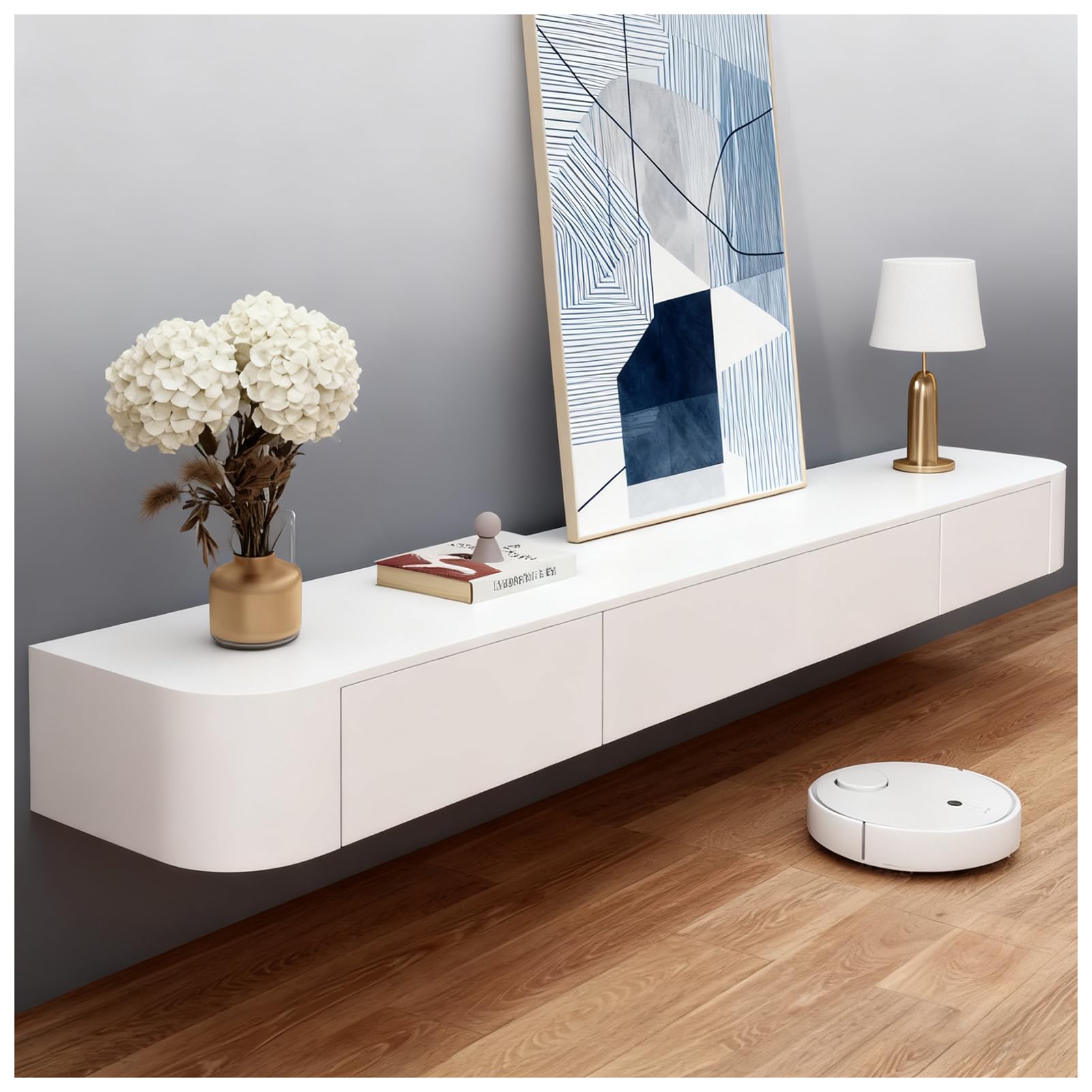 Mueble De TV, Unidad De TV Flotante, Mueble Bajo para TV De Pie O Colgante, Estantes Flotantes con Cajón, Consola Central De Entretenimiento Moderno(Blanco,140x24x20cm)