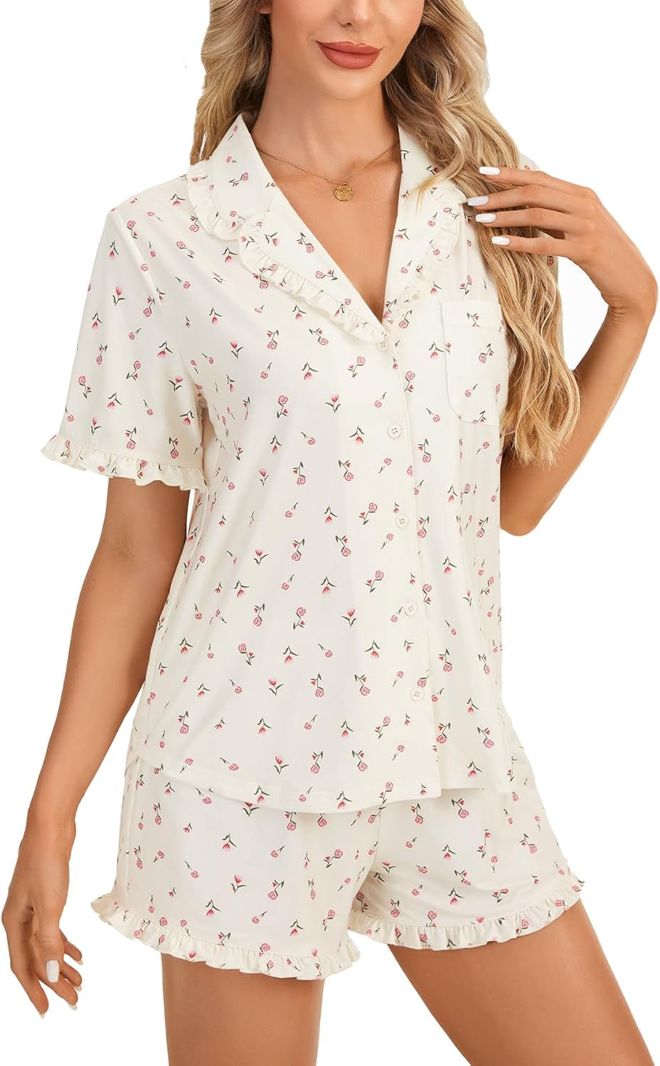 LYANER Women's Pajama Set Floral Print Ruffle Short Sleeve Button Down Sleepwear Cute Shorts - Image 4