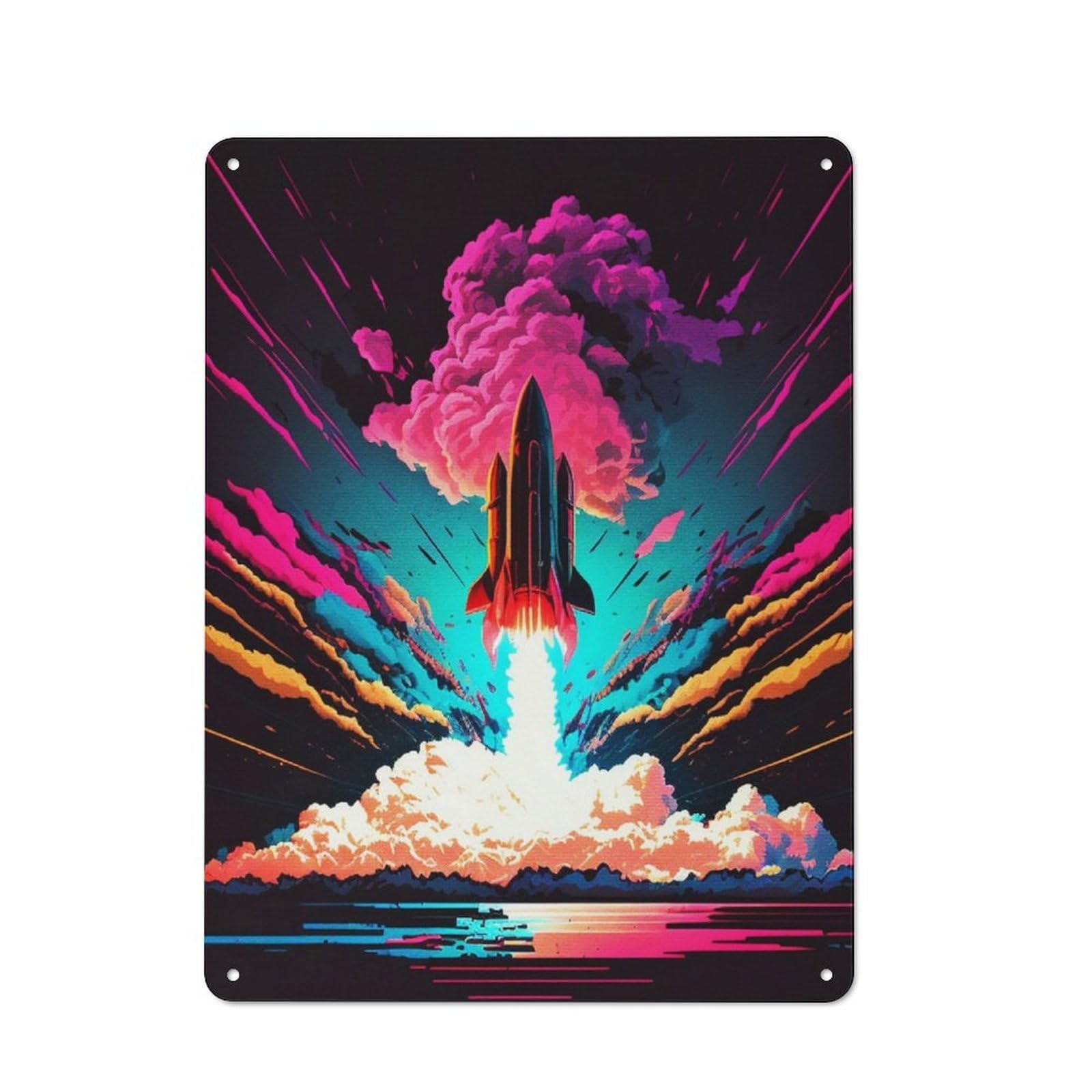 Junmoney Colorful Rocket Rustic Tin Wall Plaque 40X30cm For Home Office Or Studio, For Garage, Workshop And Man Cave Decoration