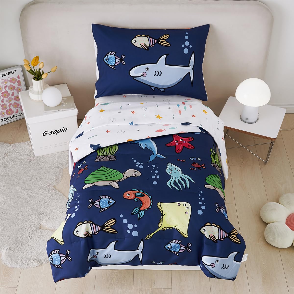STYHO Duvet Cover Double Ocean Animal Pattern Kids Bedding Set including Pillowcase Set Reversible Underworld Sea Life Navy Blue Quilt Cover for All Season(Navy Blue - Image 4
