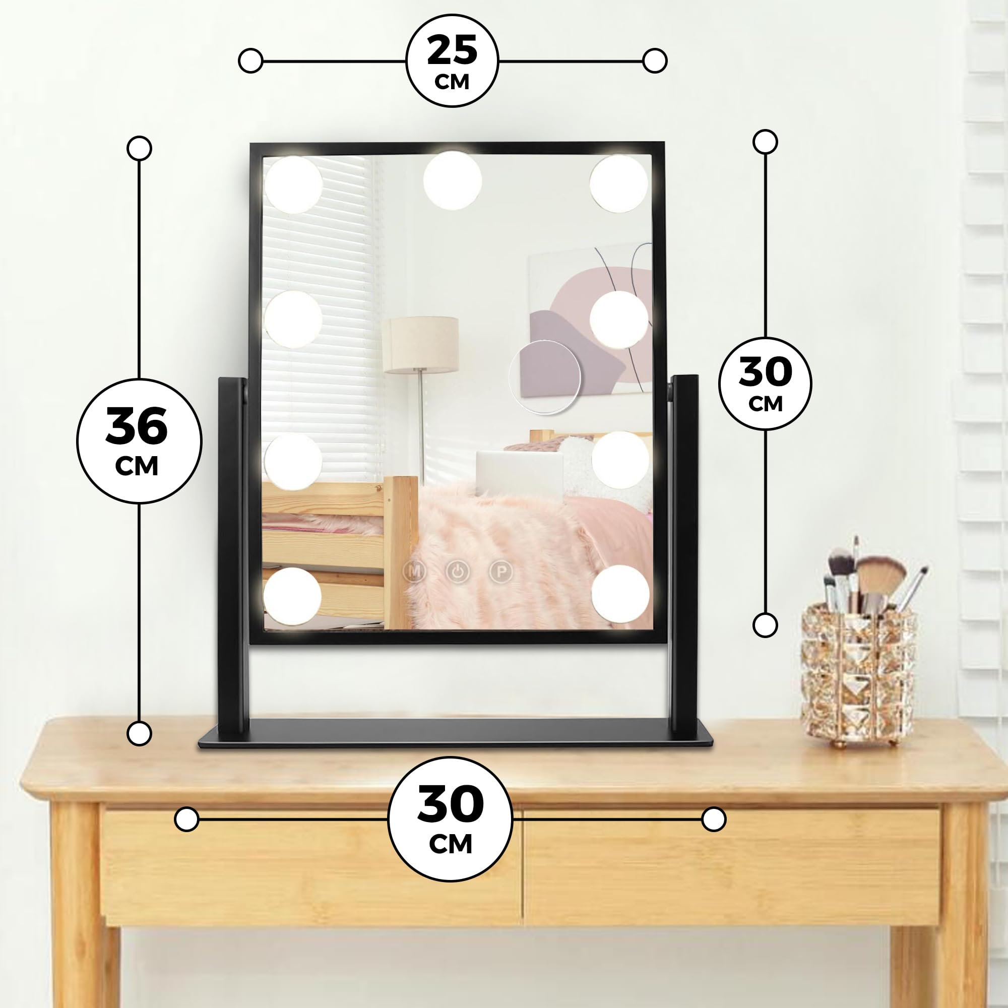 Bayt Miroir Maquillage Hollywood LED Dimmable Grossissement 10x - 36x30cm Noir