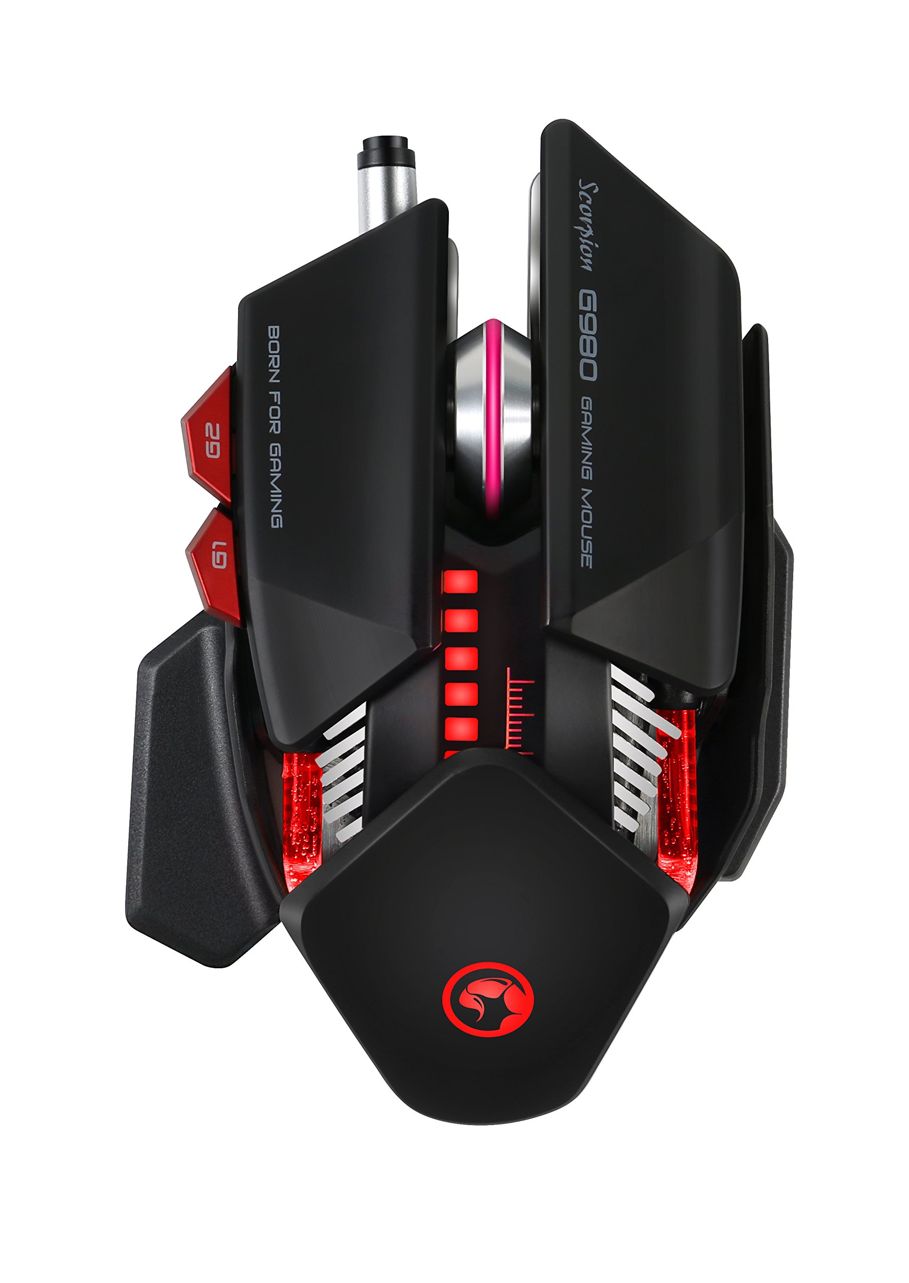 Scorpion - Ratón Gaming, Modelo MA-G980 BK, Reposamuñecas Adaptable, Con 6 Botones Programables, Múltiples Funciones, Luz de LED Configurable, Tamaño 146 mm x 88 mm x 38 mm, Color Negro