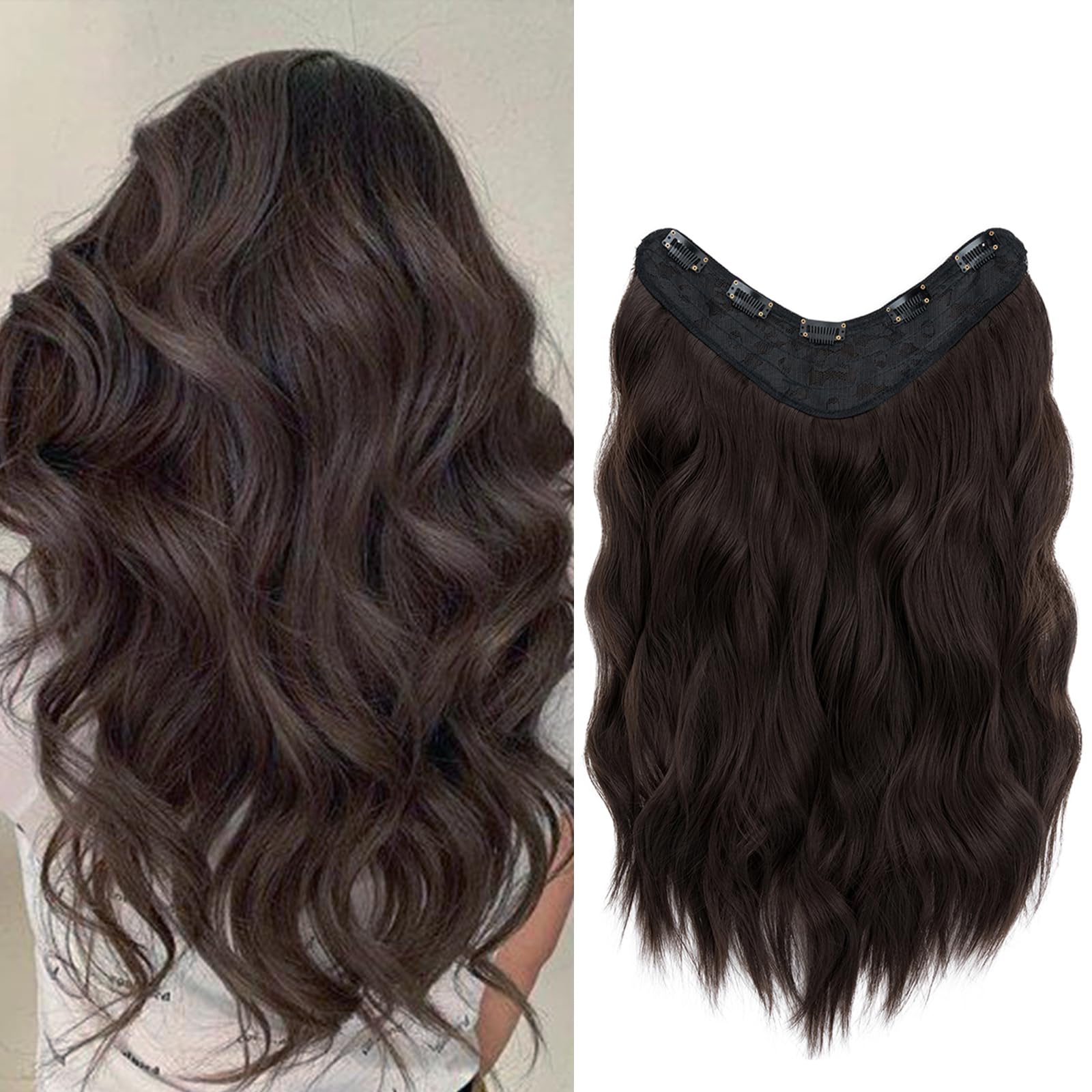 TESS Extensiones de Clip Ondulado, 45 cm Extensiones de Clip de Pelo Moreno Oscuro Cabello Sintético con 5 Clips Postizos en Forma de U
