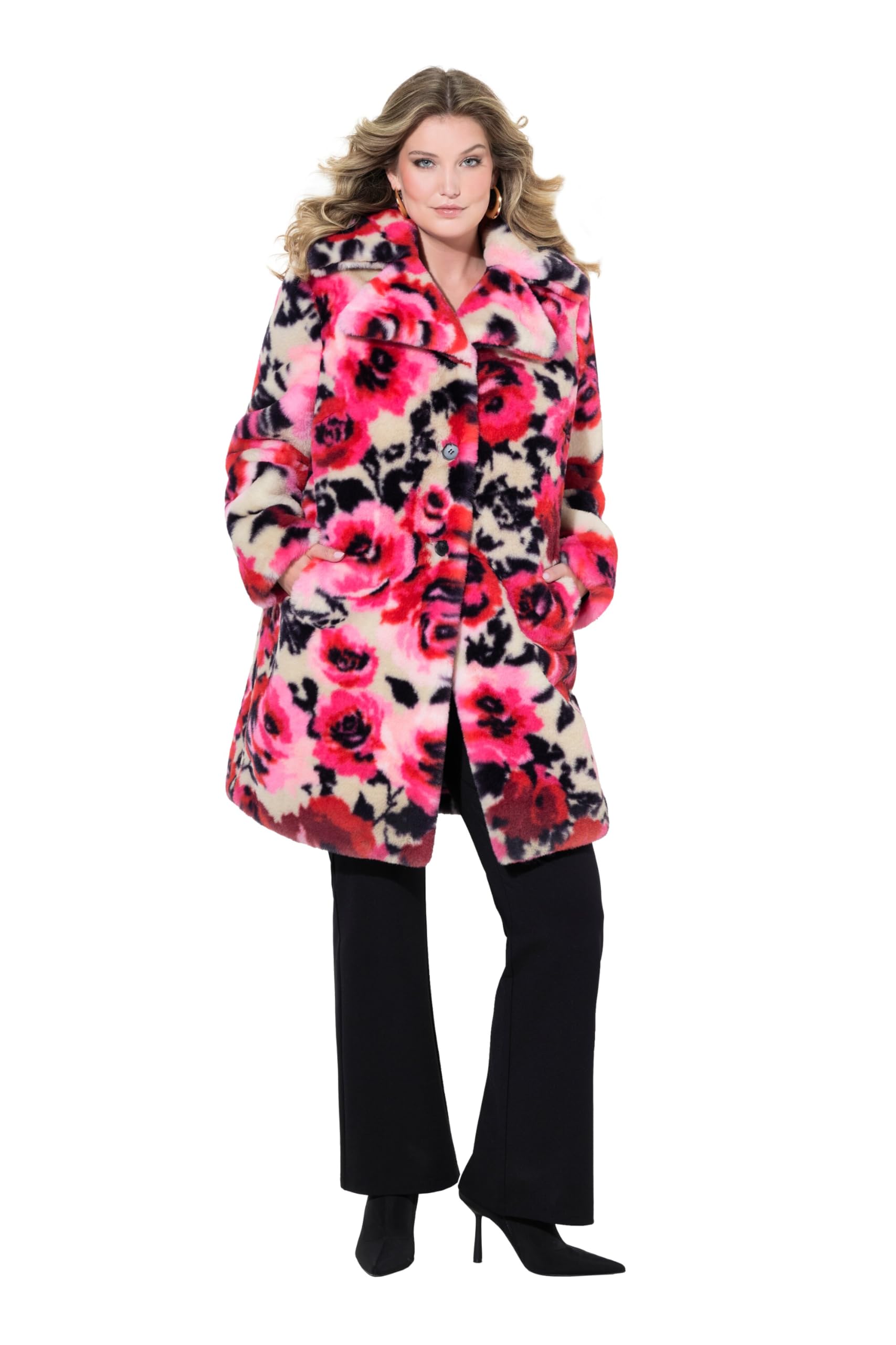 MIAMODA Damen große Größen Übergrößen Plus Size Plüschmantel, Straight Fit, Rosendruck 834435