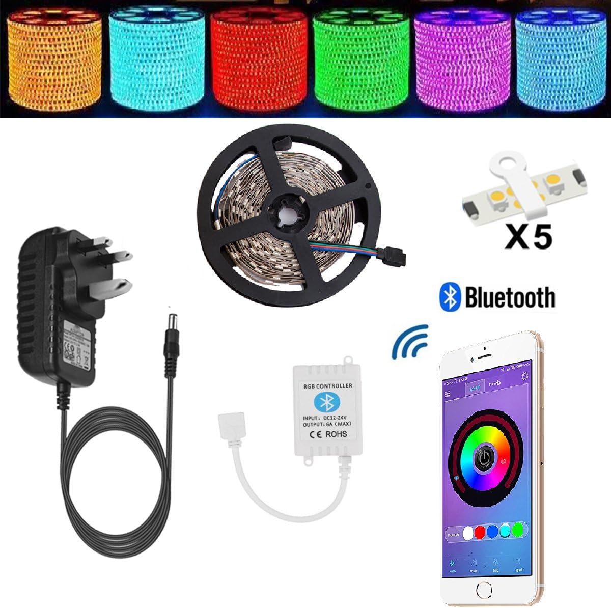 Led Lights Strip TENLION Led Strip Bluetooth Fairy Light Smartphone App Controlled Work with Android and IOS System,5m 5050 150LEDs RGB Led Light with 12V 3A Power Supply (built-in IC and fuse)