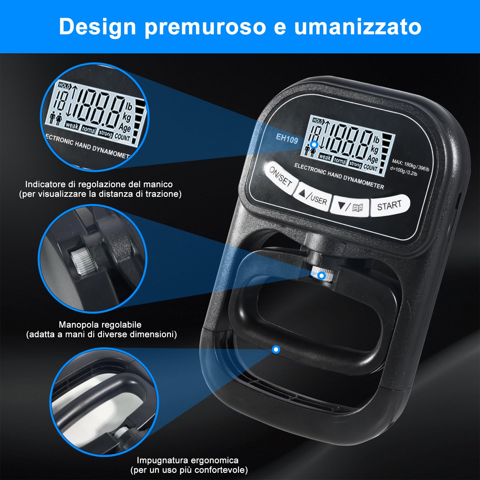 Dinamometro Digitale per Afferrare, 396 lbs/180 kg, Dinamometrica Manuale con Display LCD, Dinamometro Addestramento Afferrare Nero, con Cavo di Ricarica USB, con 19 Gruppi di Registrazione