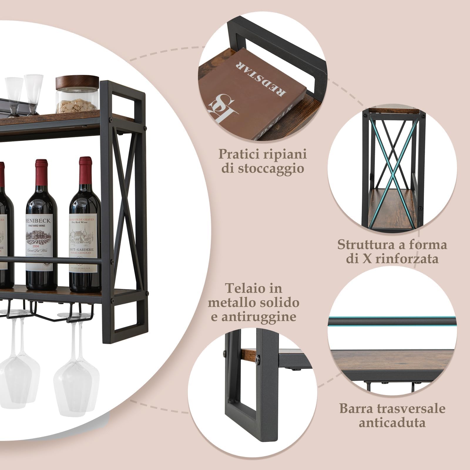 GYMAX Portabottiglie di Vino da Parete, Scaffale da Parete con Portabicchieri, Mensola a Soffitto con Telaio in Metallo, Portavino Cantinetta Vino per Cucina Bar Ristorante (Stile 2)