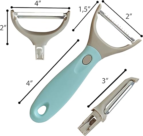 Miniatura 5 de Bahoki Essentials Juego de pelador de 3 piezas, trío de acero inoxidable, pelador de verduras y frutas, cortador multifuncional intercambiable,