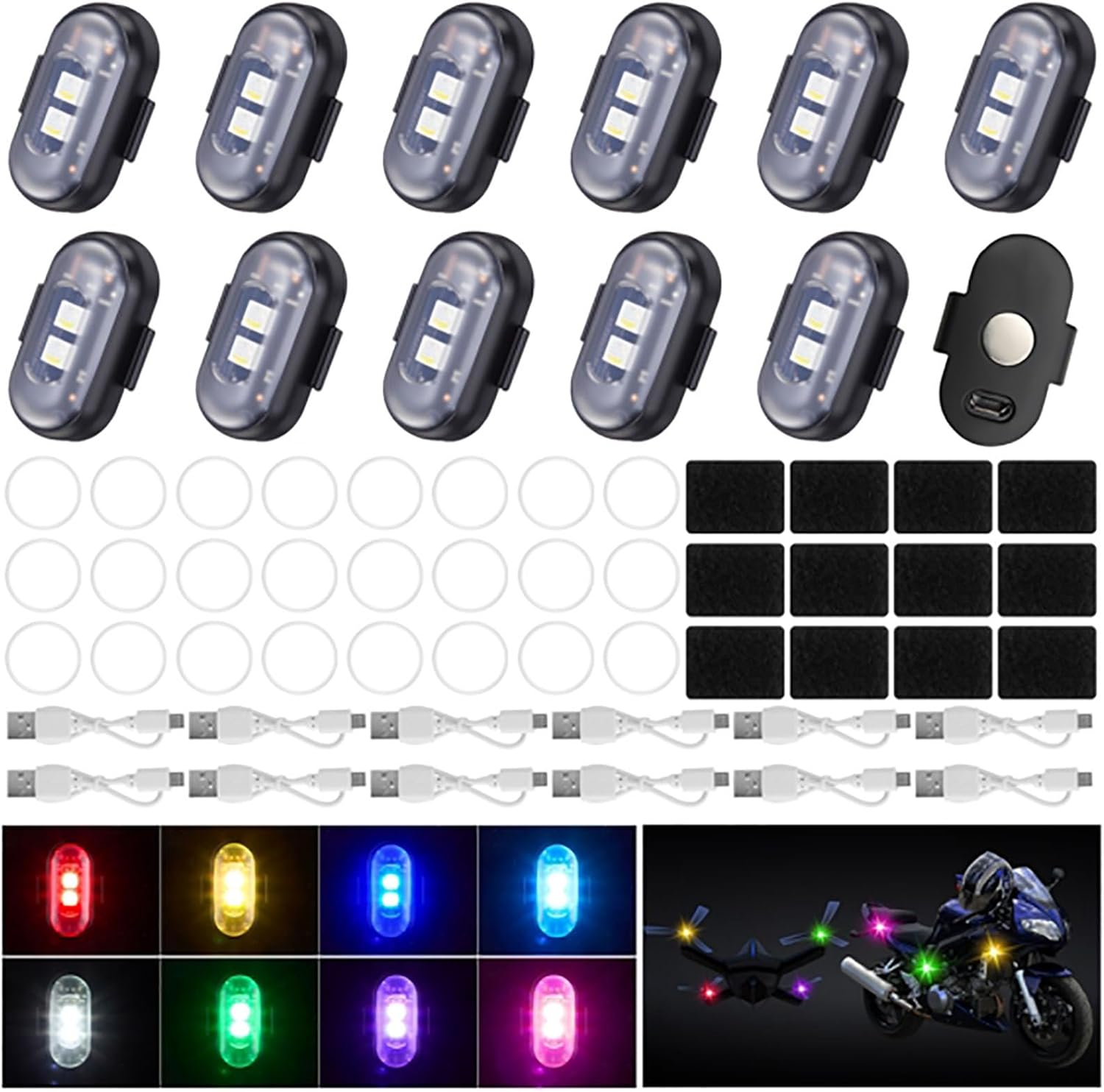Xuhal 12 Pcs Magnetic Wireless LED Strobe Lights with Remote Control 8 Color RGB High Brightness Waterproof Anti Collision USB Warning Light for Car Motorcycle RC Aircraft Bike (Strong Magnetic,Black)