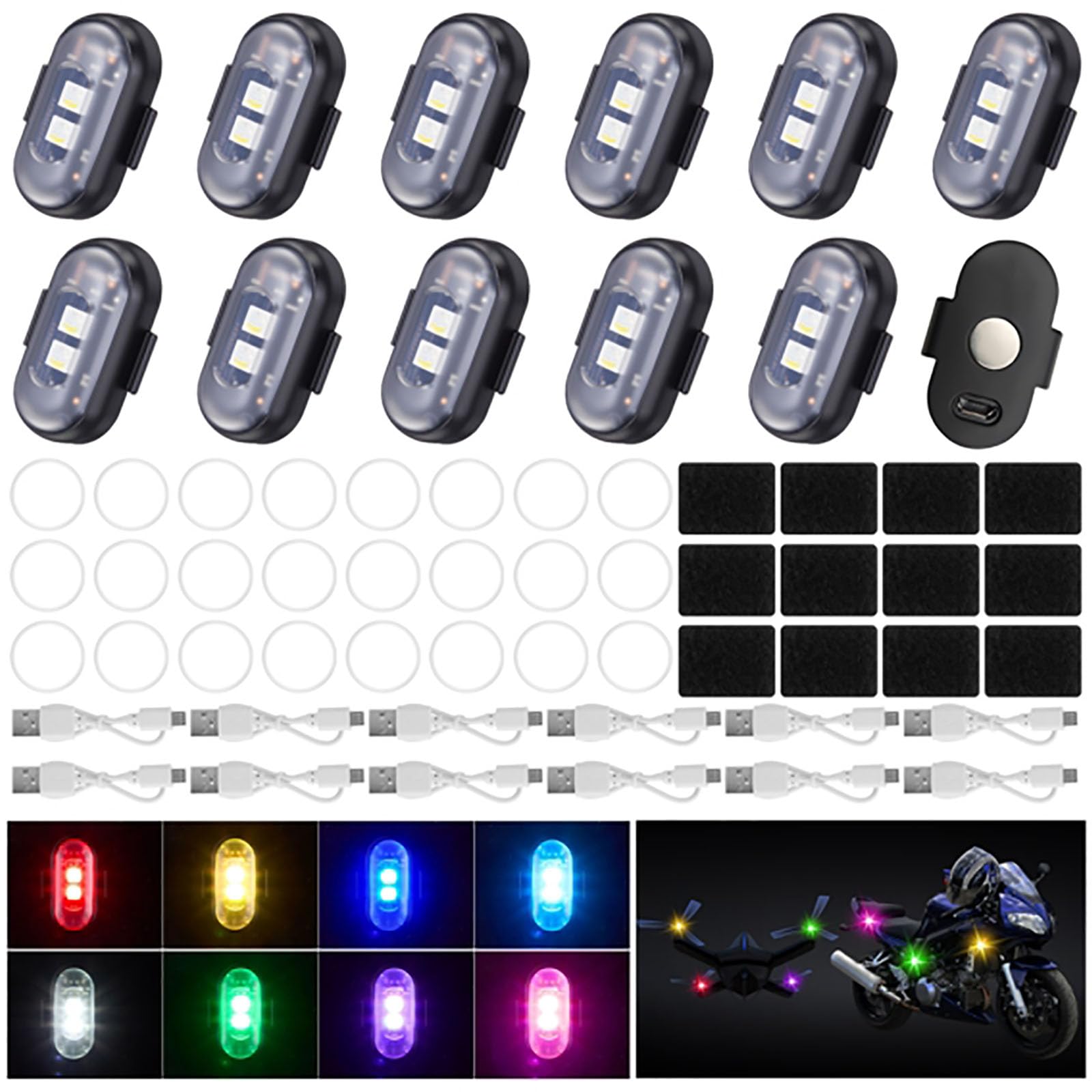 Xuhal 12 Pcs Magnetic Wireless LED Strobe Lights with Remote Control 8 Color RGB High Brightness Waterproof Anti Collision USB Emergency Warning Light