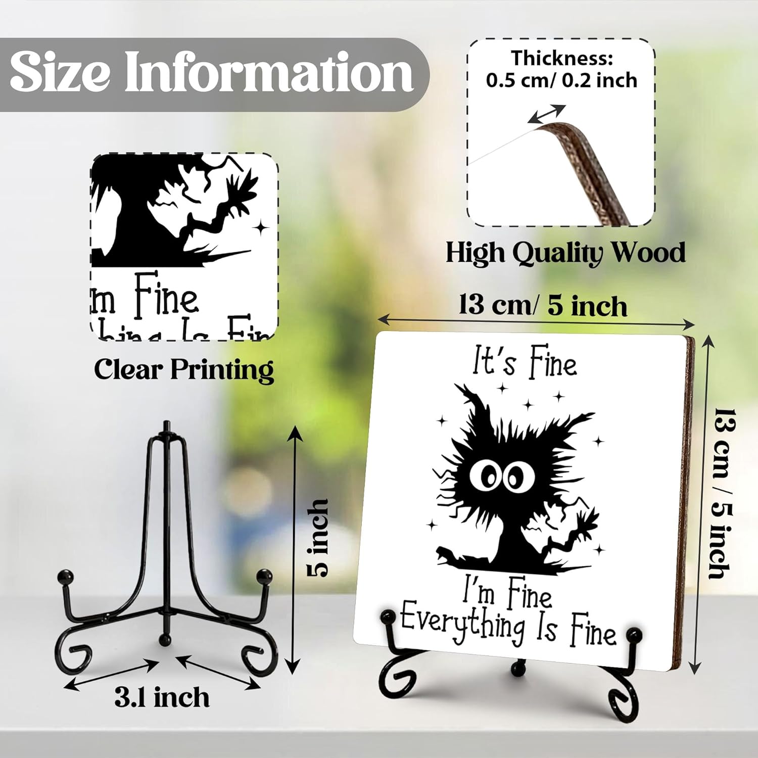 Cat Lover Gifts for Women Men, Funny Black Cat Desk Accessories, It's Fine I'm Fine Everything is Fine Wooden Sign with Stand, Cute Office Gifts for Boss Coworkers Friends, 5"x5"-C21 - Image 2