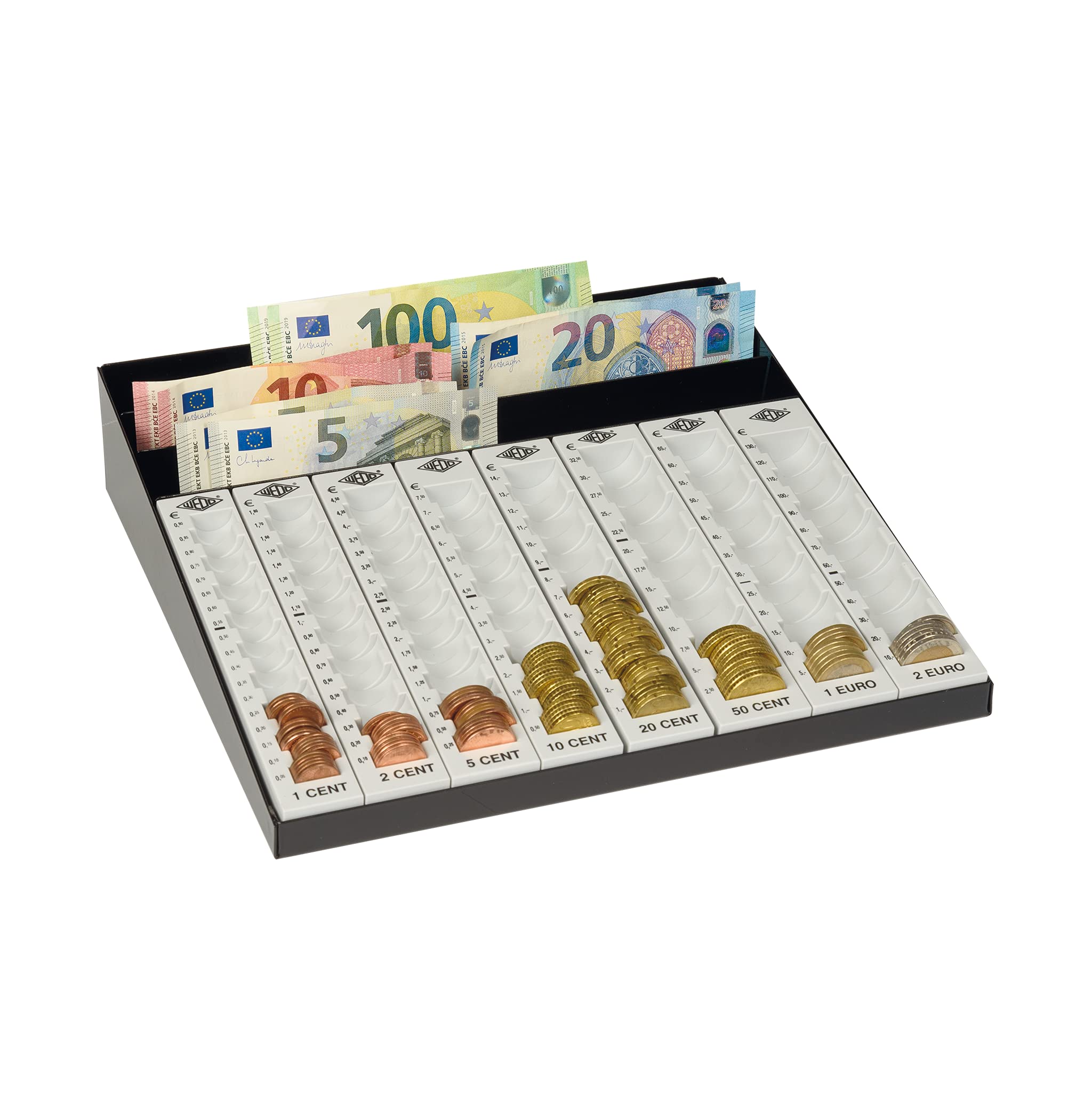 Wedo Geld-Zählbrett aus Polystyrol, 27,8 x 27 x 6 cm & 160705037 Münzrille (0,50 Euro, 50 Cent, Kunststoff für 65 Münzen mit Markierungen 18 x 4,5 x 3,75 cm) lichtgrau