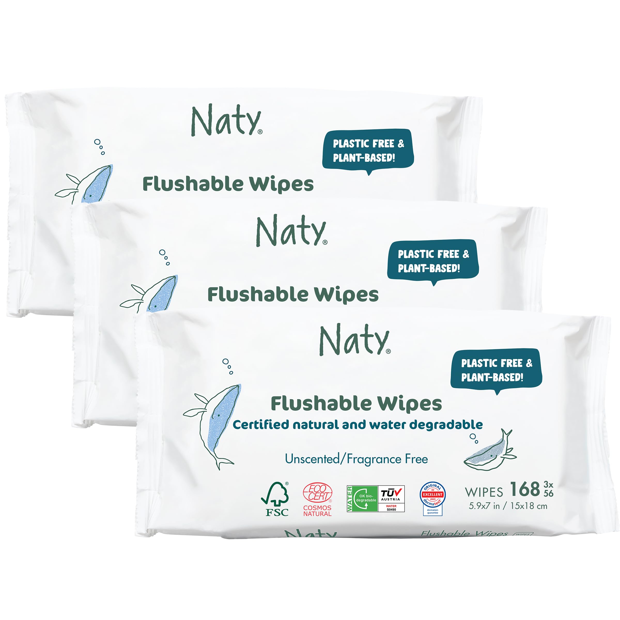 Naty Flushable Baby Wipes - 100% Plant-Based, Plastic-Free, Fragrance-Free, Unscented, Hypoallergenic for sensitive skin, Dermatologically Tested (Regular - 168 Count - 3 Packs of 56)