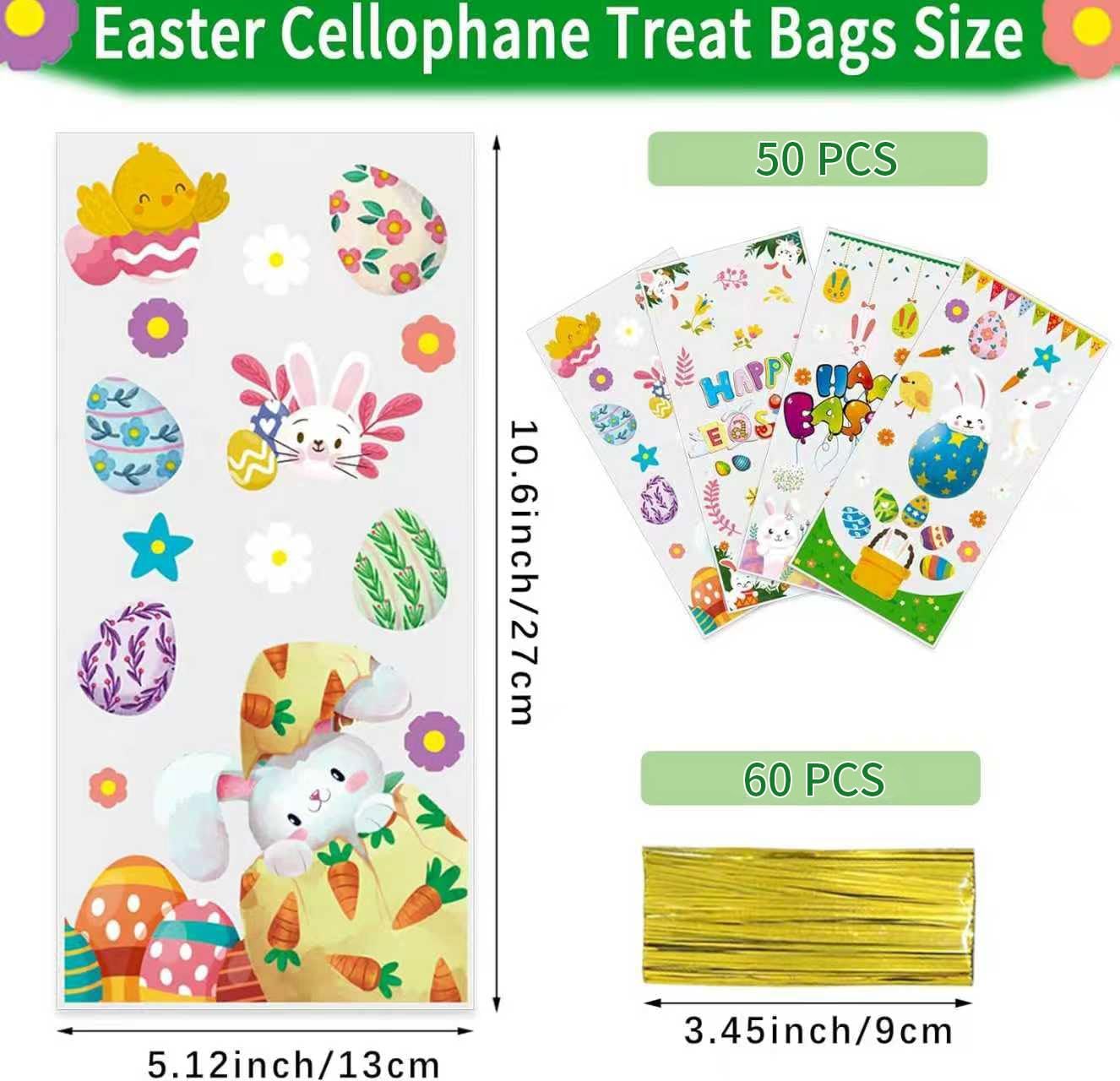 QOIUSO Easter Treat Bags: 50pcs Clear Easter Cellophane Bags for with Twist Ties for Party Supplie Goodies Candy Cookies and Gift Wrappings, 4 Style for Kids - Image 2