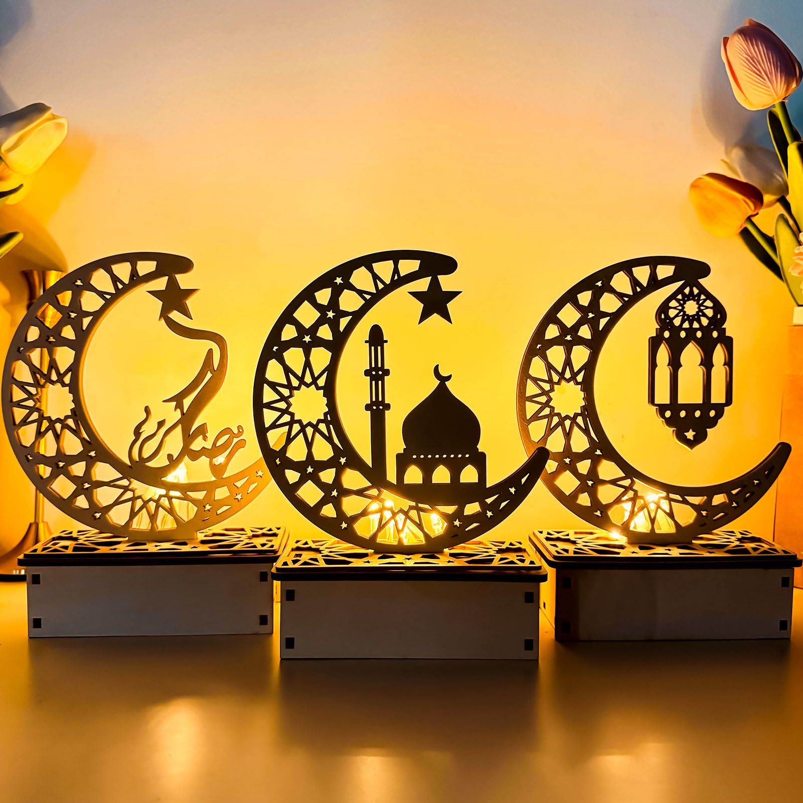 Eid Ramadan Holle Decoraties, Islam Ramadan Eid Mubarak Ornamenten, Houten Maanvorm Nachtlampje LED Moslim Ramadan Tafel Licht Ambachten Desktop Decoratie voor Festival Home Party (EID