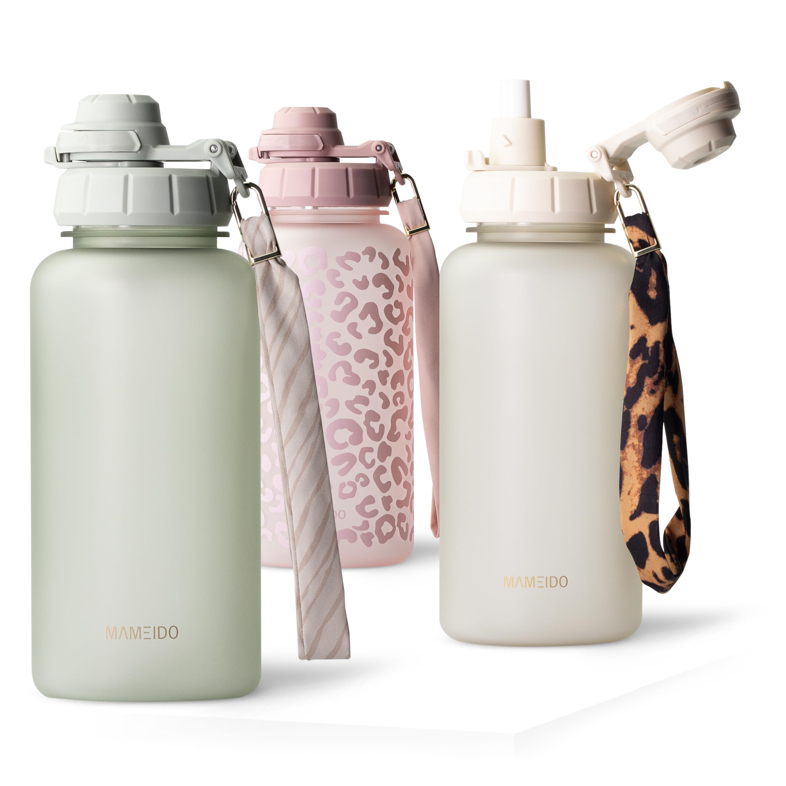 Mameido Desert Sage Water Bottle With Straw & Time Markings 1 L, Leakproof Tritan Sports Water Bottle, Drinks Bottle Bpa-Free, Gym Water Bottle (Desert Sage)
