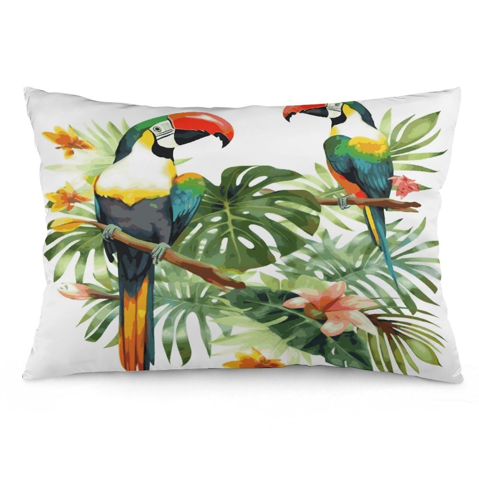 Toucans Parrot Palm Tree Leaves Throw Pillow Covers with Silent Zipper Polyester Pillow Protectors Removable Pillow Cases Soft Pillowcase Cozy Pillow Sham Cushion Cover for Sofa Car Bed 12 "x20