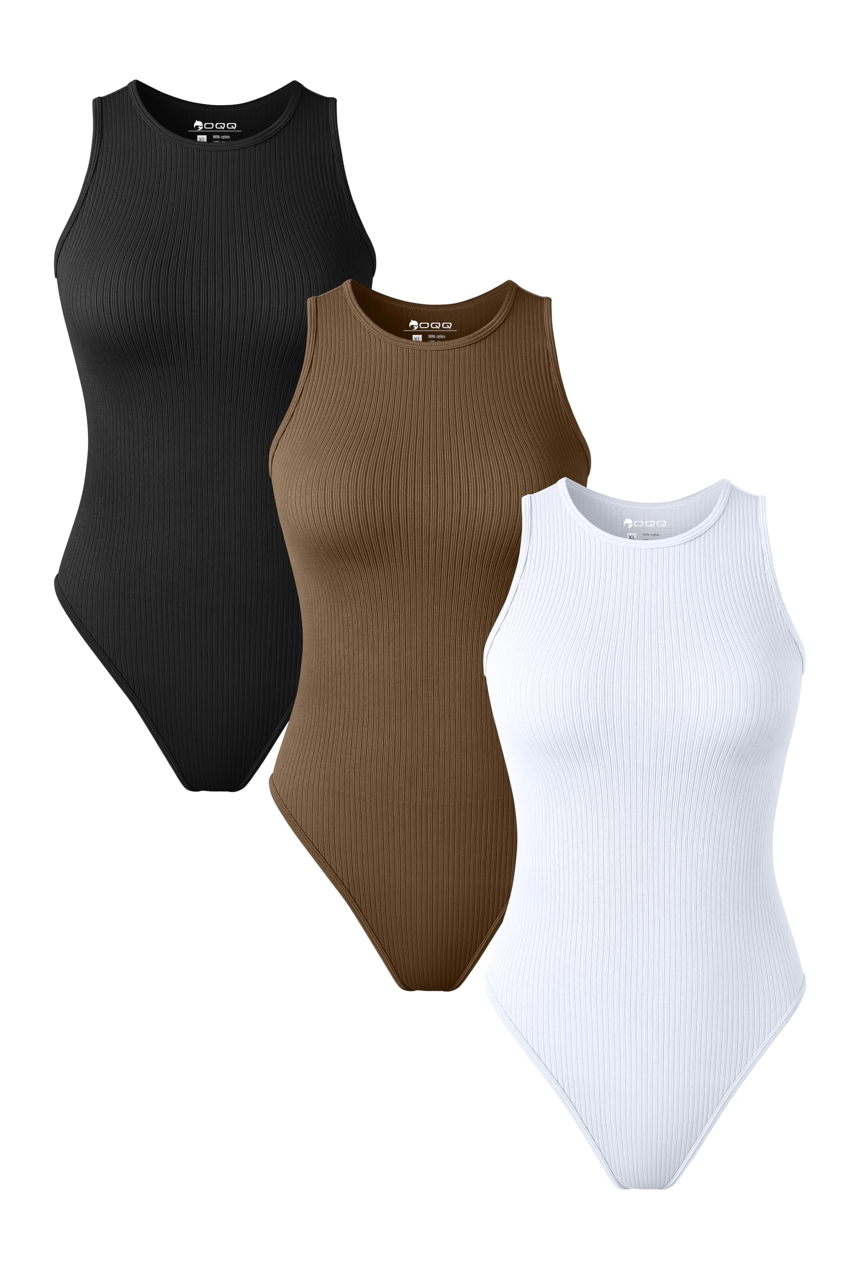 Photo 1 of OQQ Women's 3 Piece Bodysuits Sexy Sleeveless Crew Neck Stretch Tank Tops Bodysuits Black,coffee,white Small