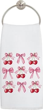 Coquette Pink Bow Cherry Kitchen Towels, Pink Preppy Girly Cherry Hand Towels for Bathroom Decor, Cute Aesthetic Fruit Dish Tea Towels for Kitchen, Preppy Girly Bathroom Decor, 16x24 Inch