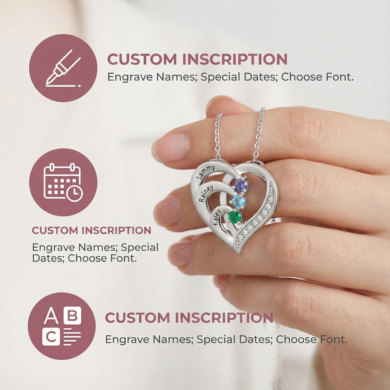 Sterling Silver Personalized 2 Names Necklace with 2 Heart Simulated Birthstone Couple Pendant Necklace for Women - Image 3