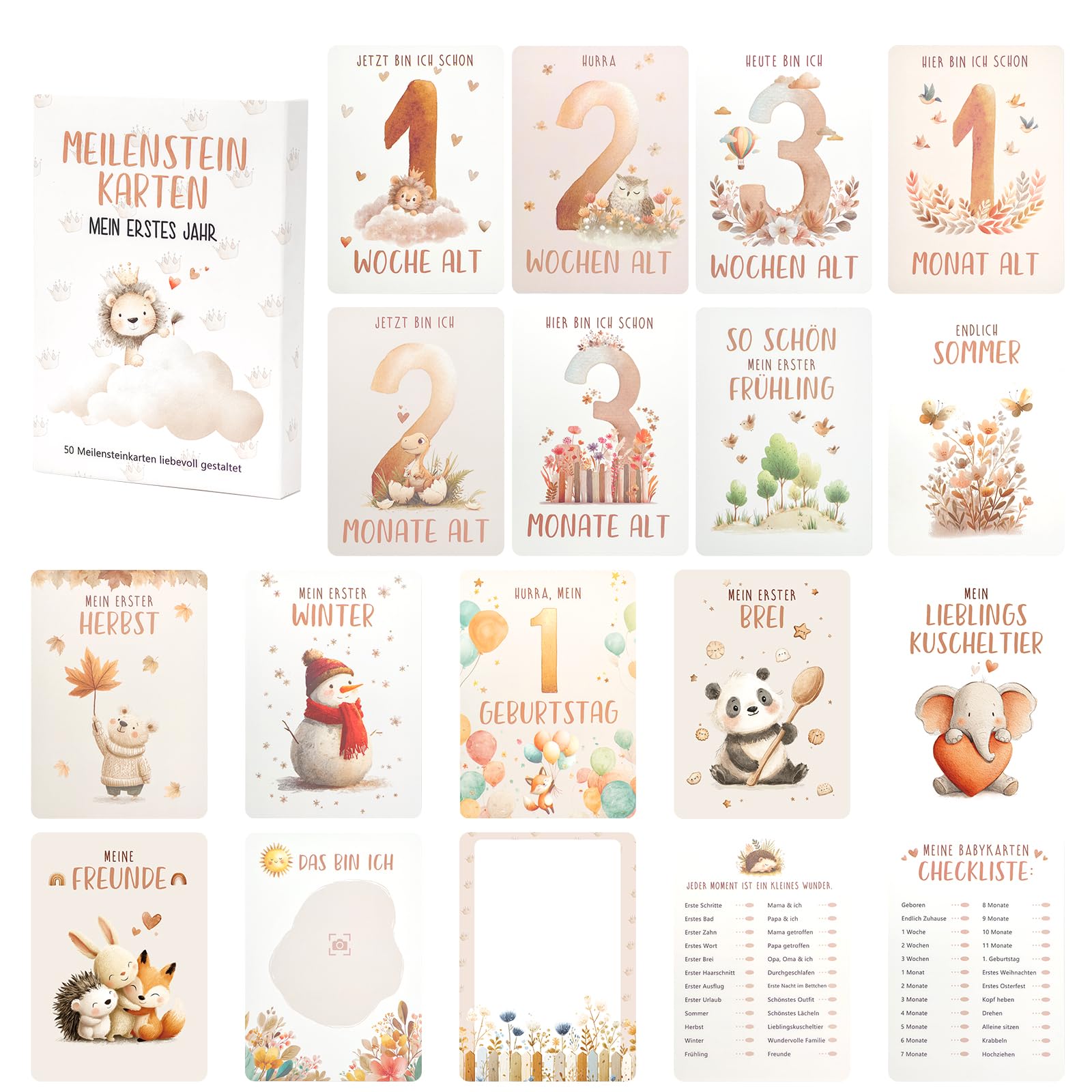 Nilnewuh Meilensteinkarten für Babys auf Deutsch, Mein Erstes Jahr Monatskarten-Geschenkset mit 50 Karten für Mädchen Jungen 1-12 Monate, Speziell Für Entwicklungskontrolle und Monatliche Babyfotos