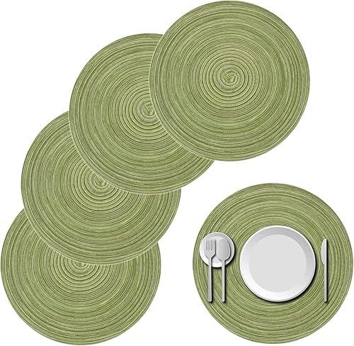 Juego de 4 manteles individuales redondos trenzados, de algodón para mesa redonda de 15 pulgadas para el hogar, boda, fiesta (verde)