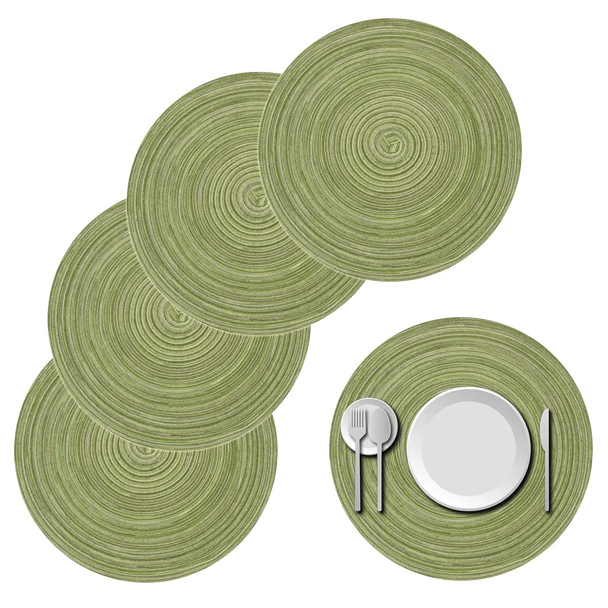 Round Braided Placemats Set of 4, Cotton Round Table Placemats 15 inch for Home Wedding Party (Green)
