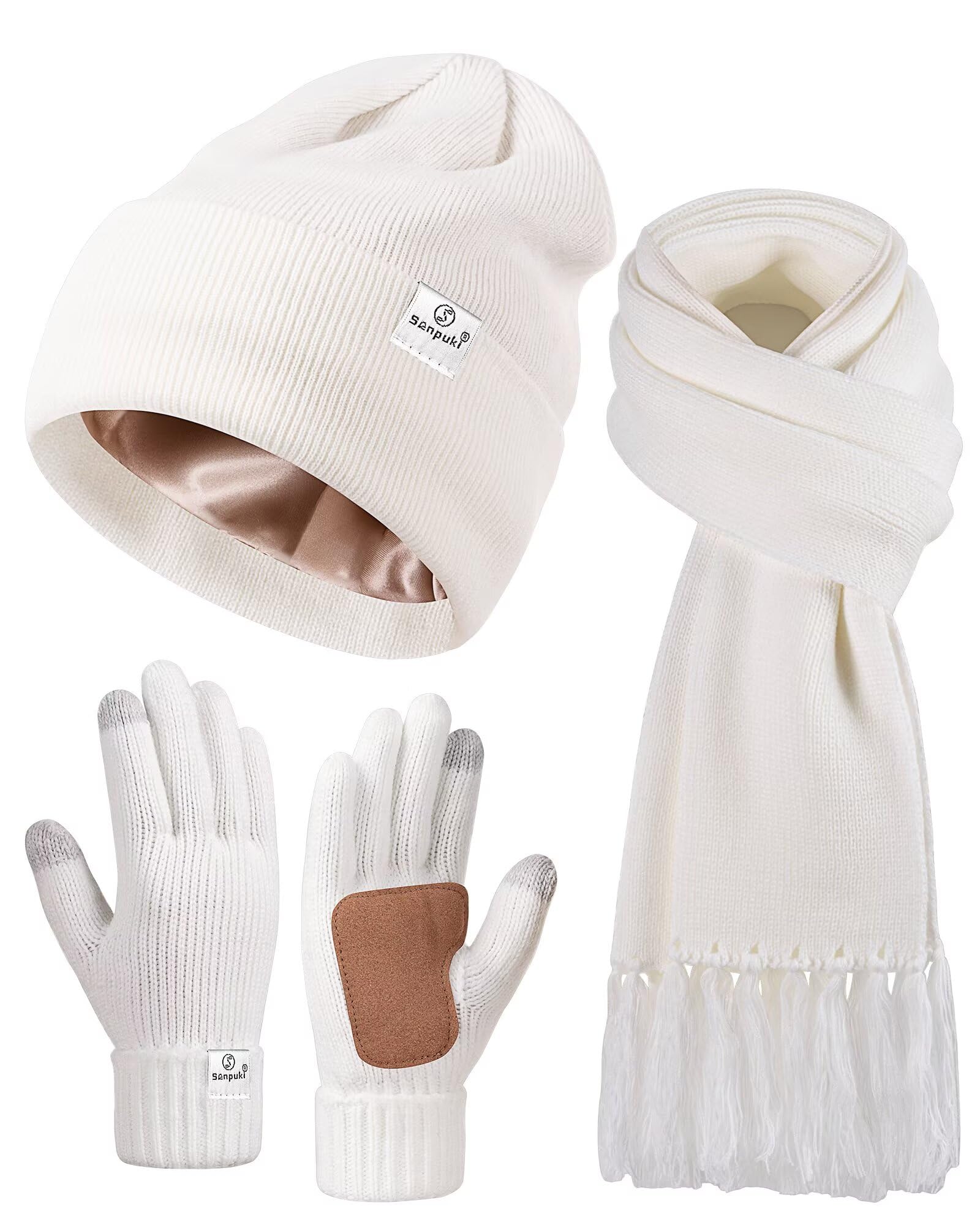 Womens Satin Lined Beanie Scarf Gloves Set Silk Lined Winter Hats Knit Scarf Gloves Gift Set Stocking Stuffers
